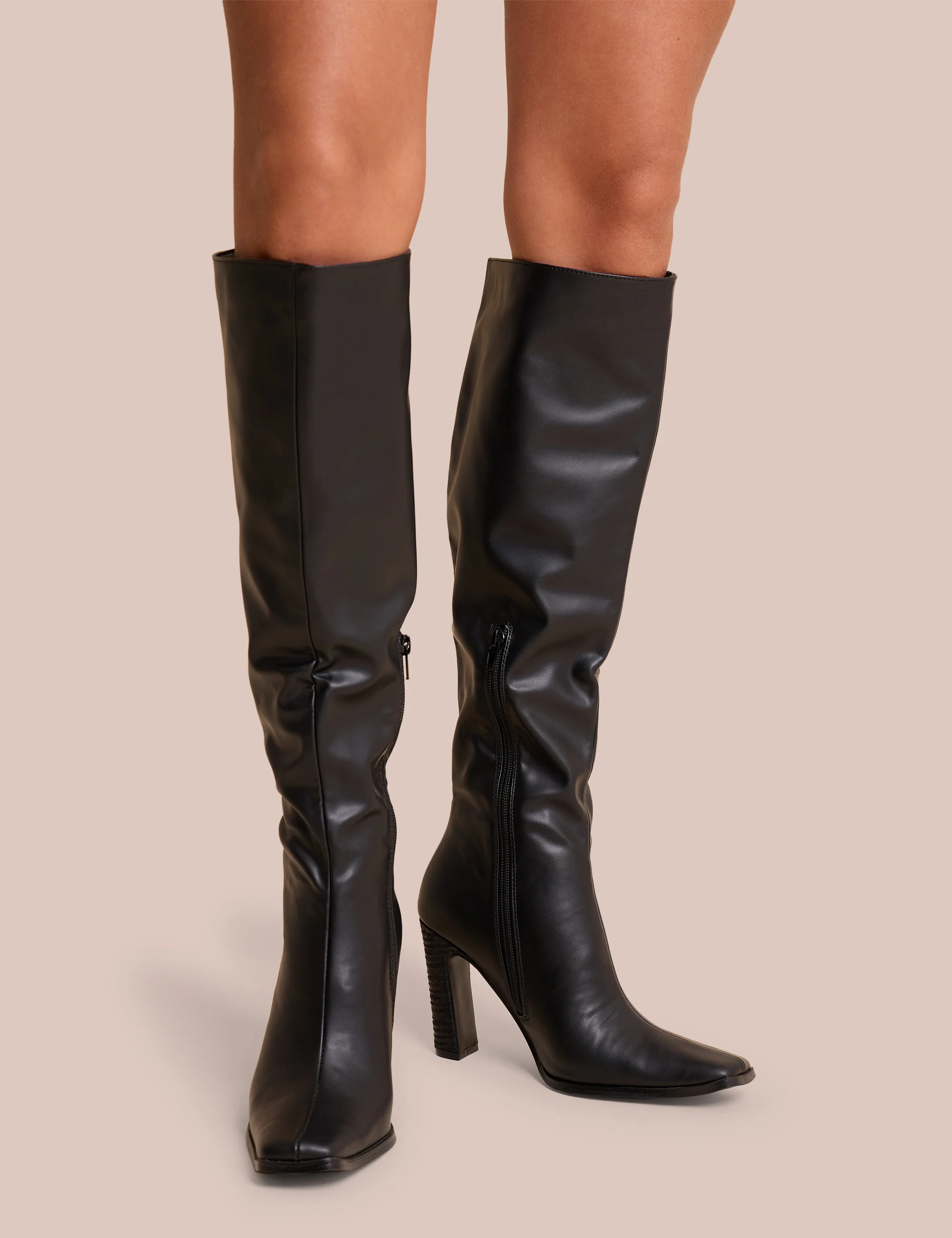 Acquilla Black Knee High Flared Heel Boots - Image 4