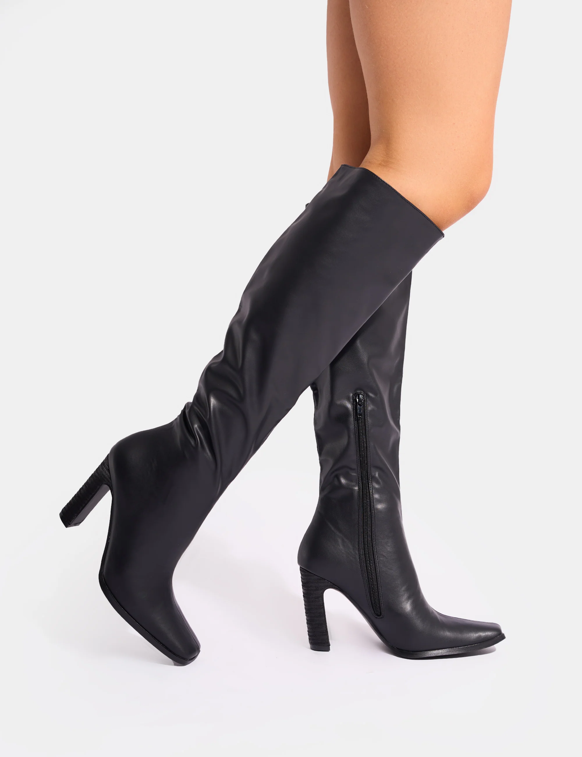 Acquilla Black Knee High Flared Heel Boots - Image 7