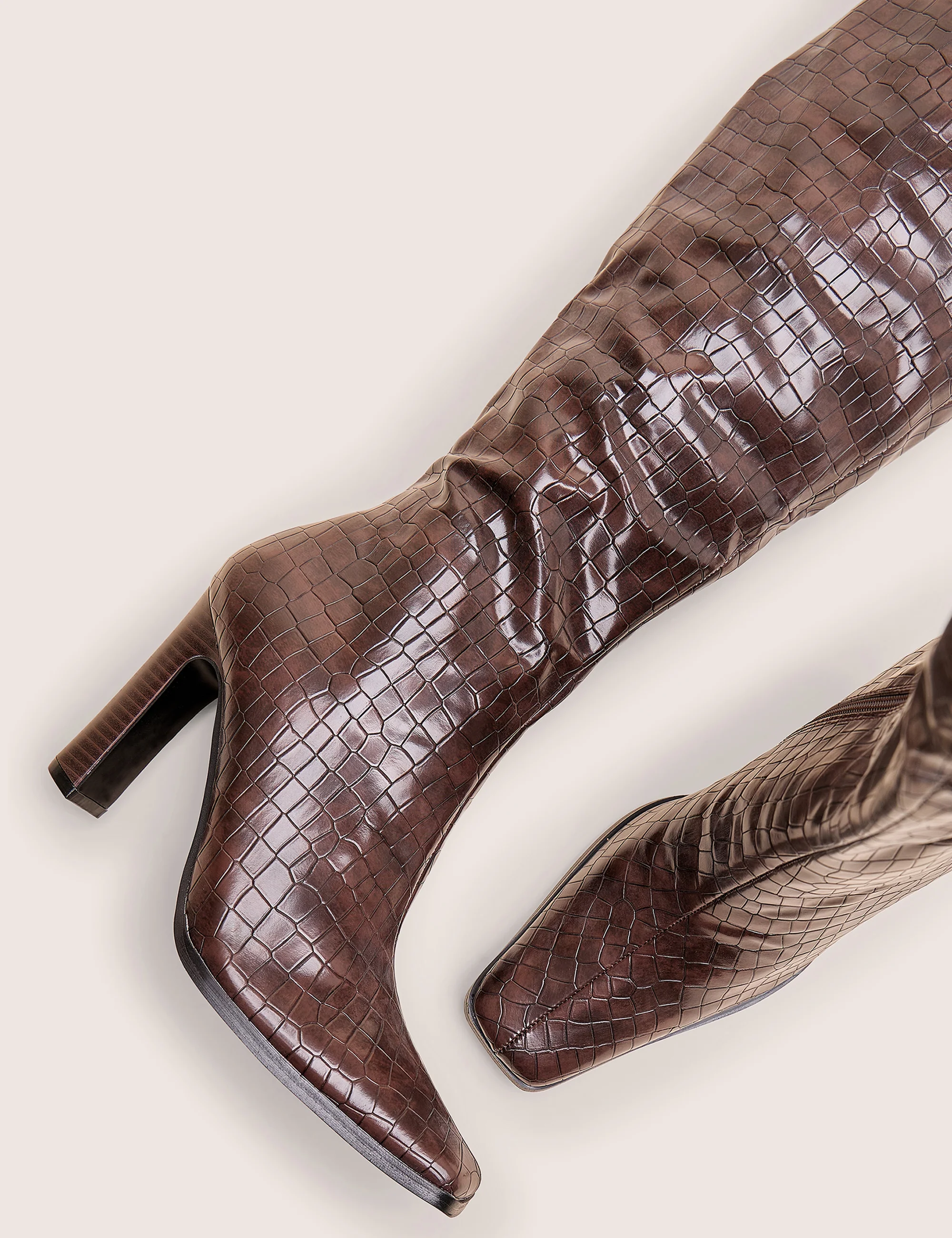 Acquilla Brown Croc Knee High Flared Heel Boots - Image 4