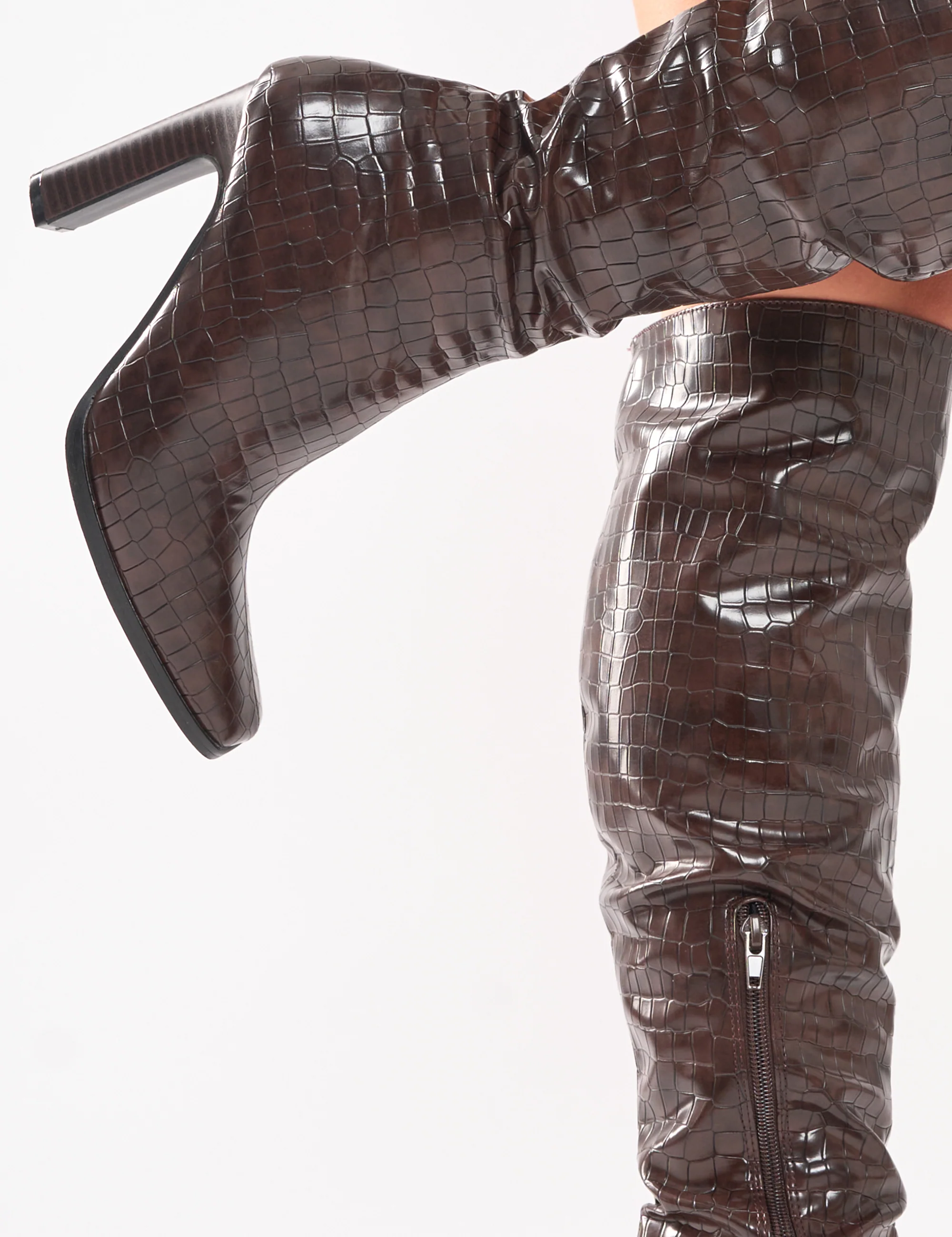 Acquilla Brown Croc Knee High Flared Heel Boots - Image 6