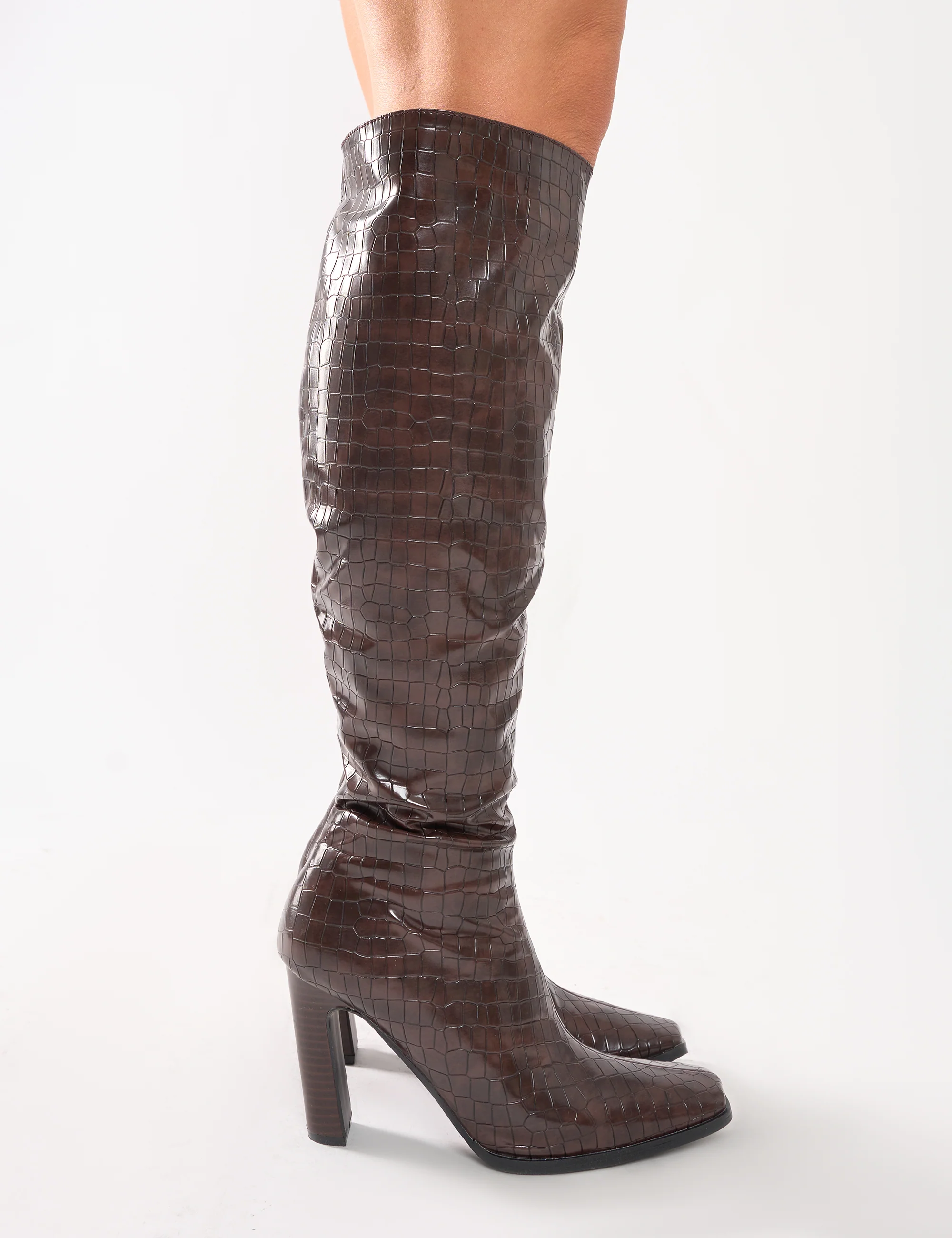 Acquilla Brown Croc Knee High Flared Heel Boots - Image 8