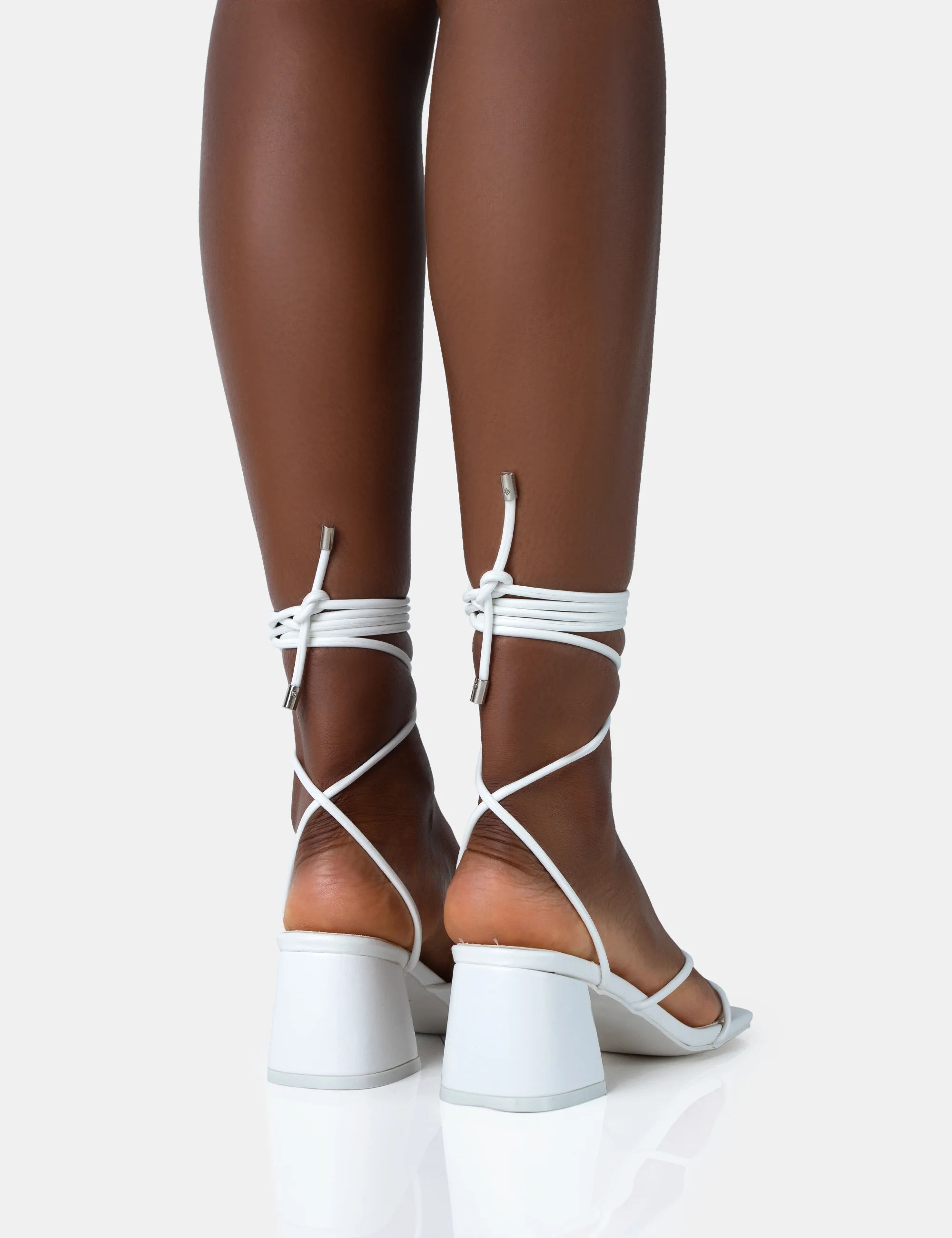 Aerin White PU Lace up Strappy Square Toe Block Mid Heels - Image 4