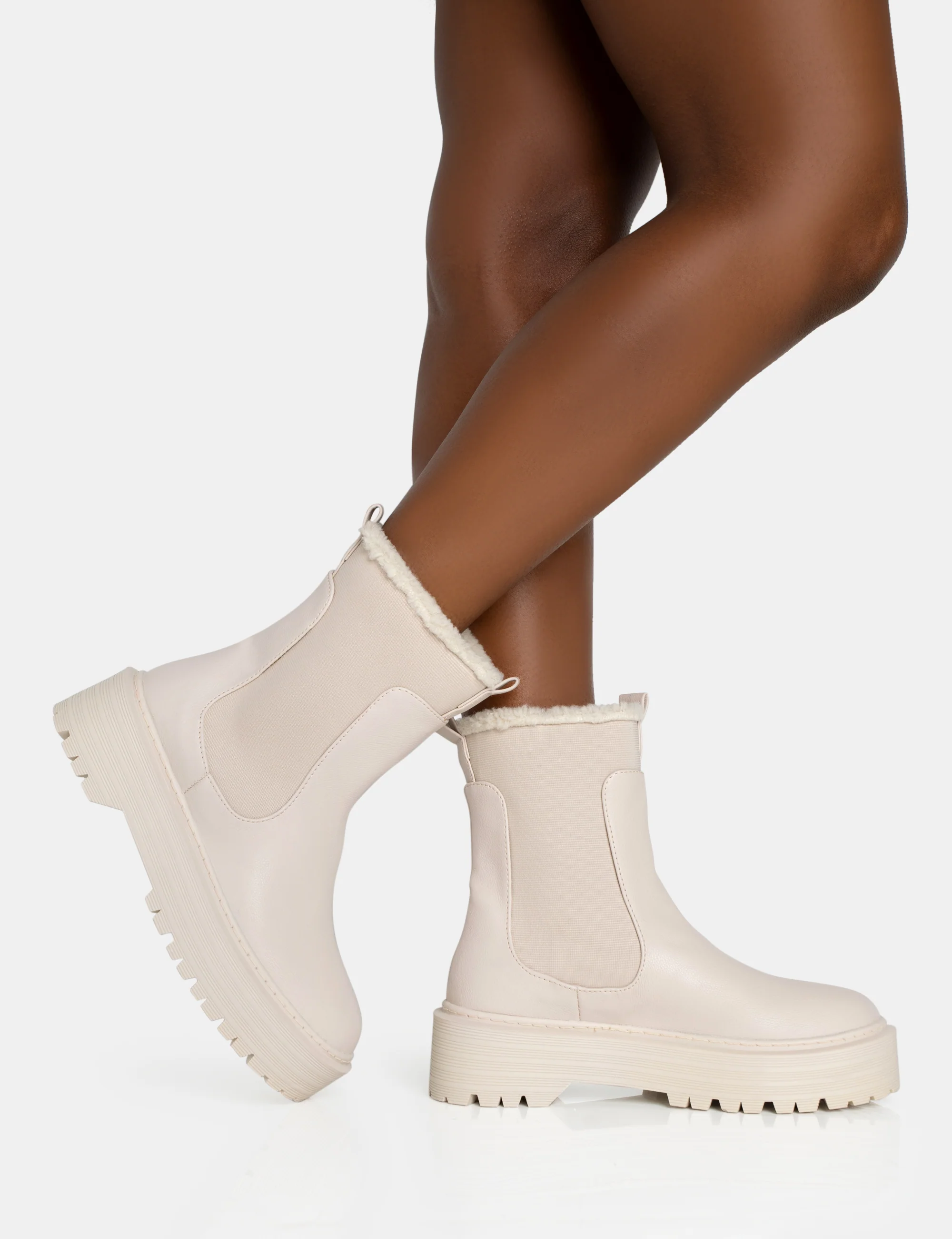 Alpine Cream Pu Faux Fur Trim Elasticated Ankle Chunky Ankle Boots - Image 2
