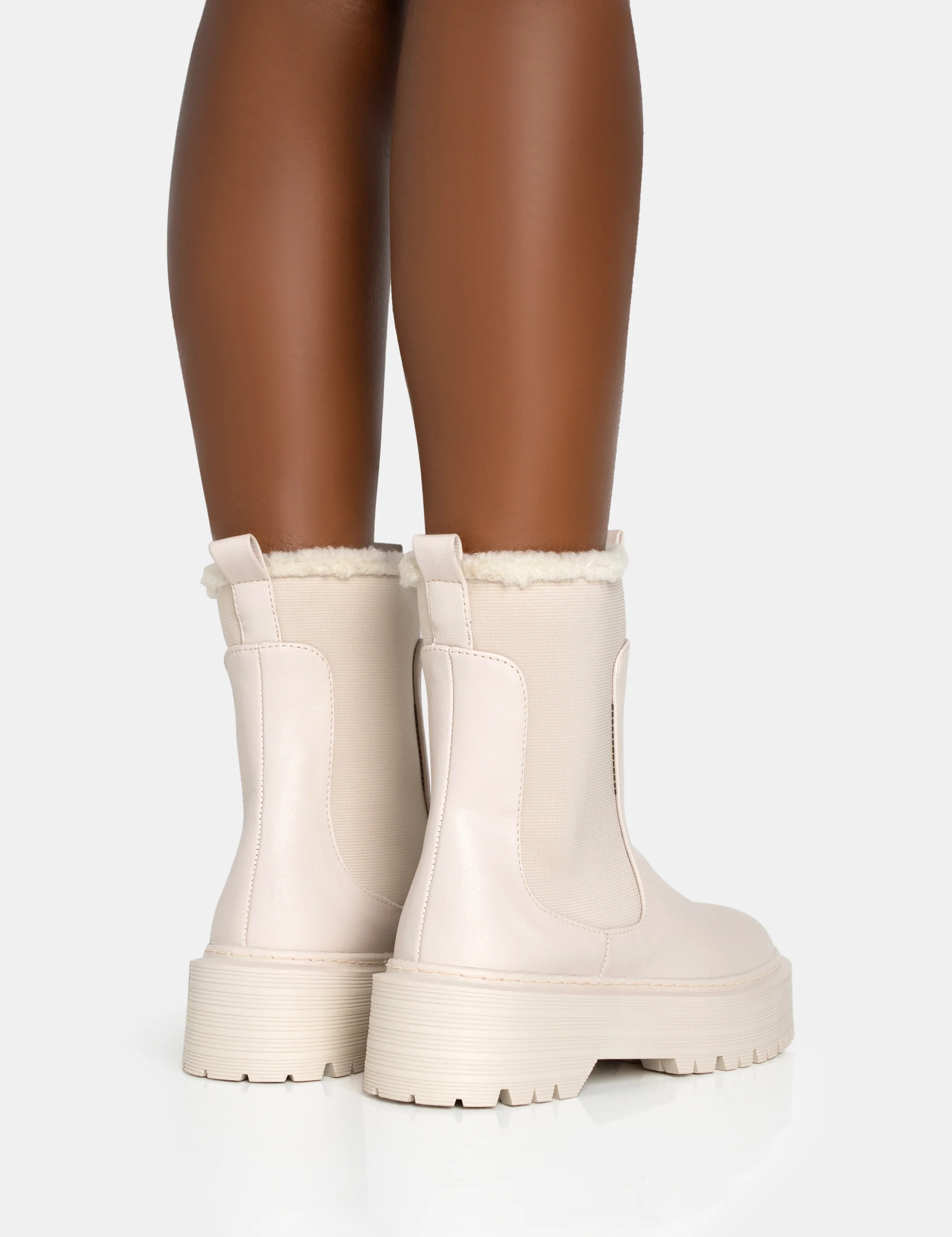 Alpine Cream Pu Faux Fur Trim Elasticated Ankle Chunky Ankle Boots - Image 3
