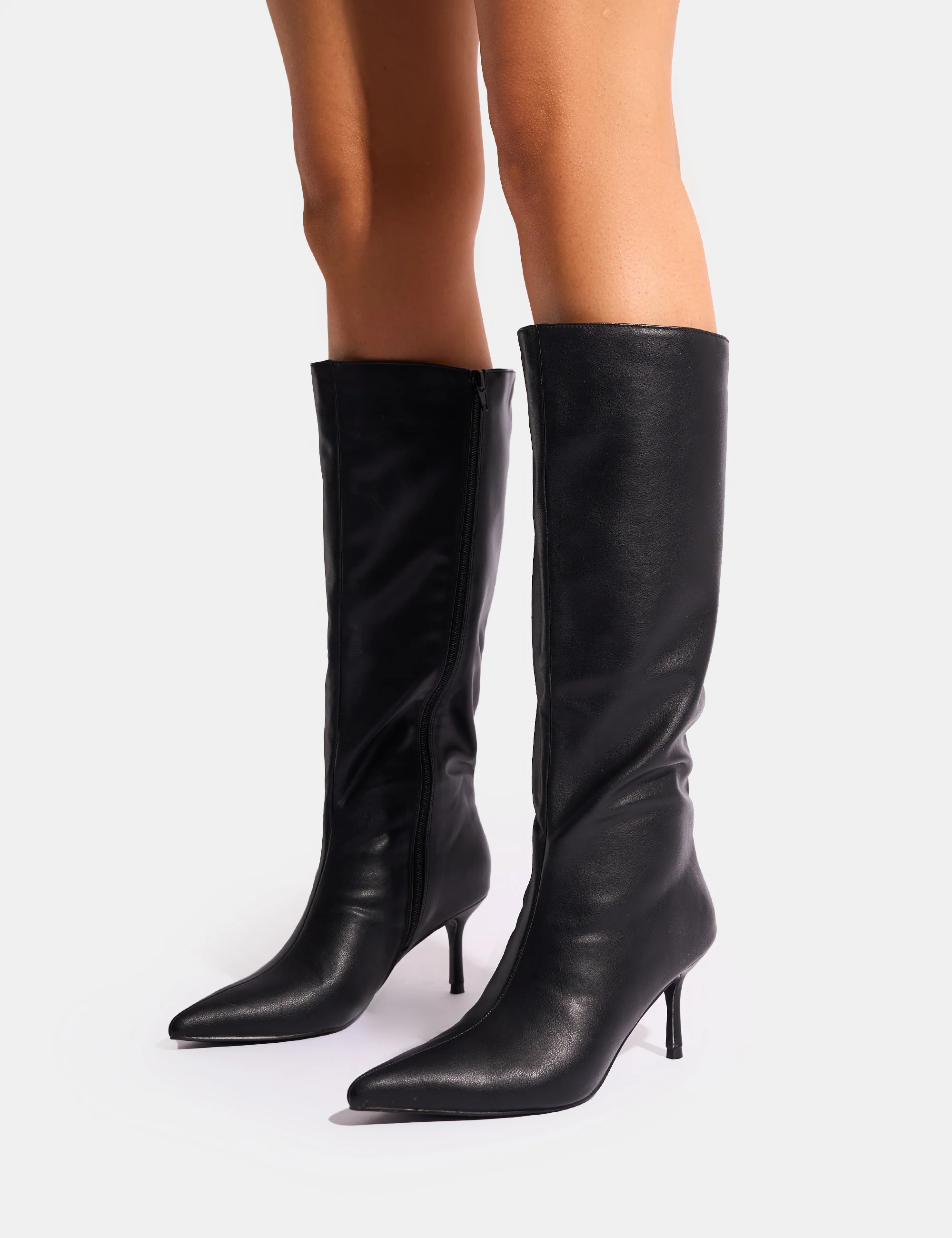 Amped Black Pointed Toe Mid Heel Knee High Boots - Image 10