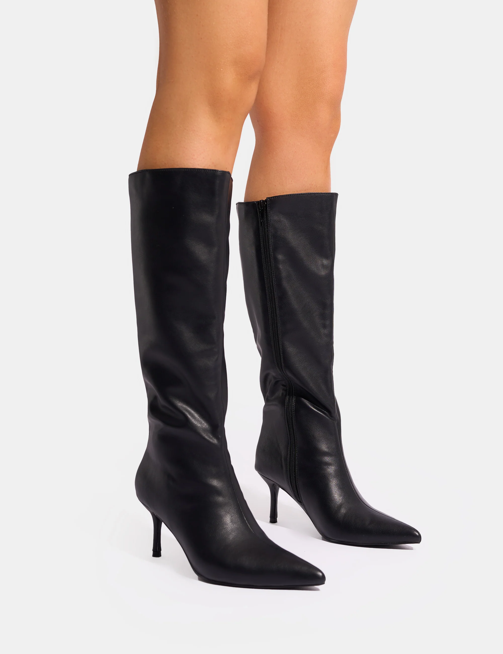 Amped Black Pointed Toe Mid Heel Knee High Boots - Image 7