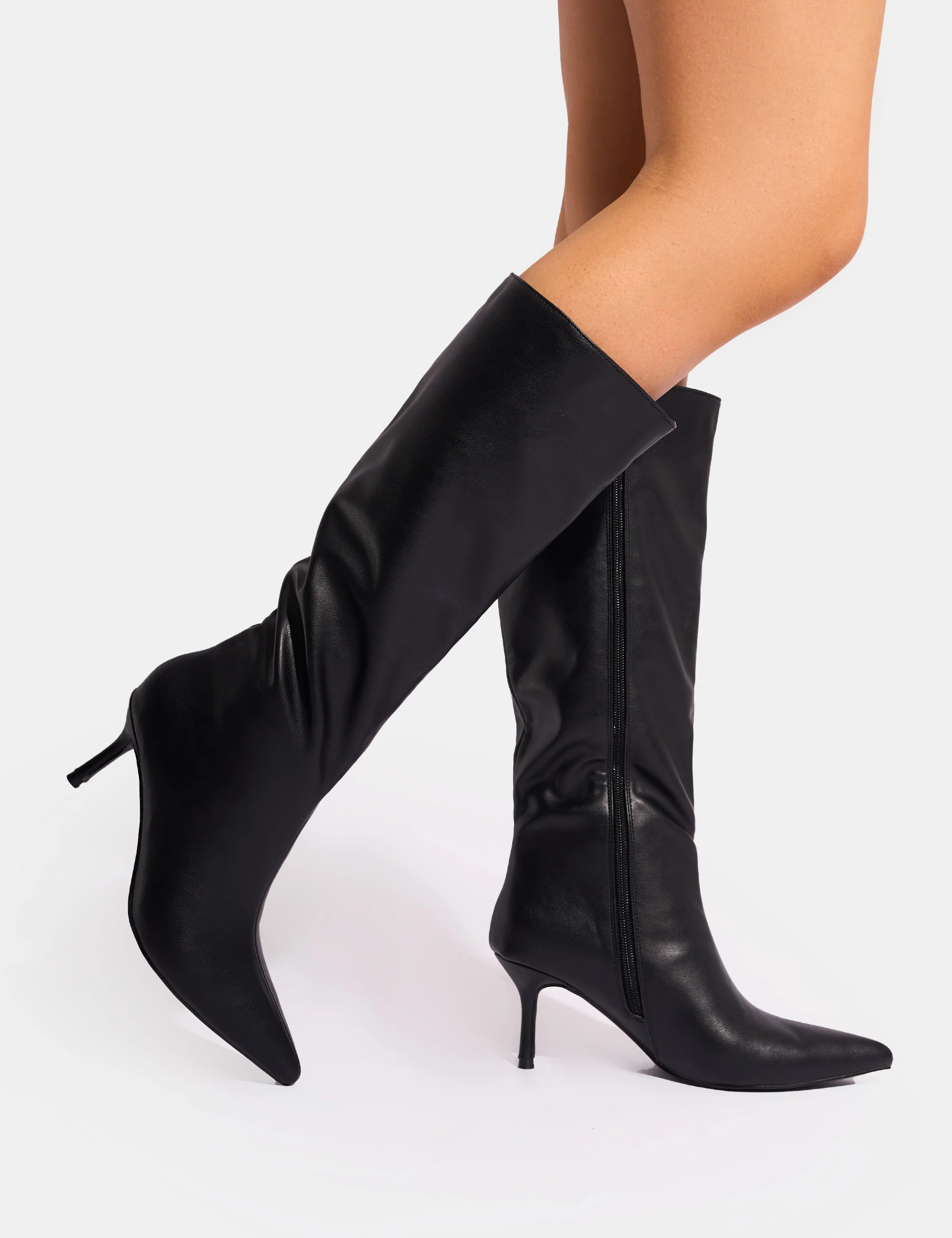 Amped Black Pointed Toe Mid Heel Knee High Boots - Image 8