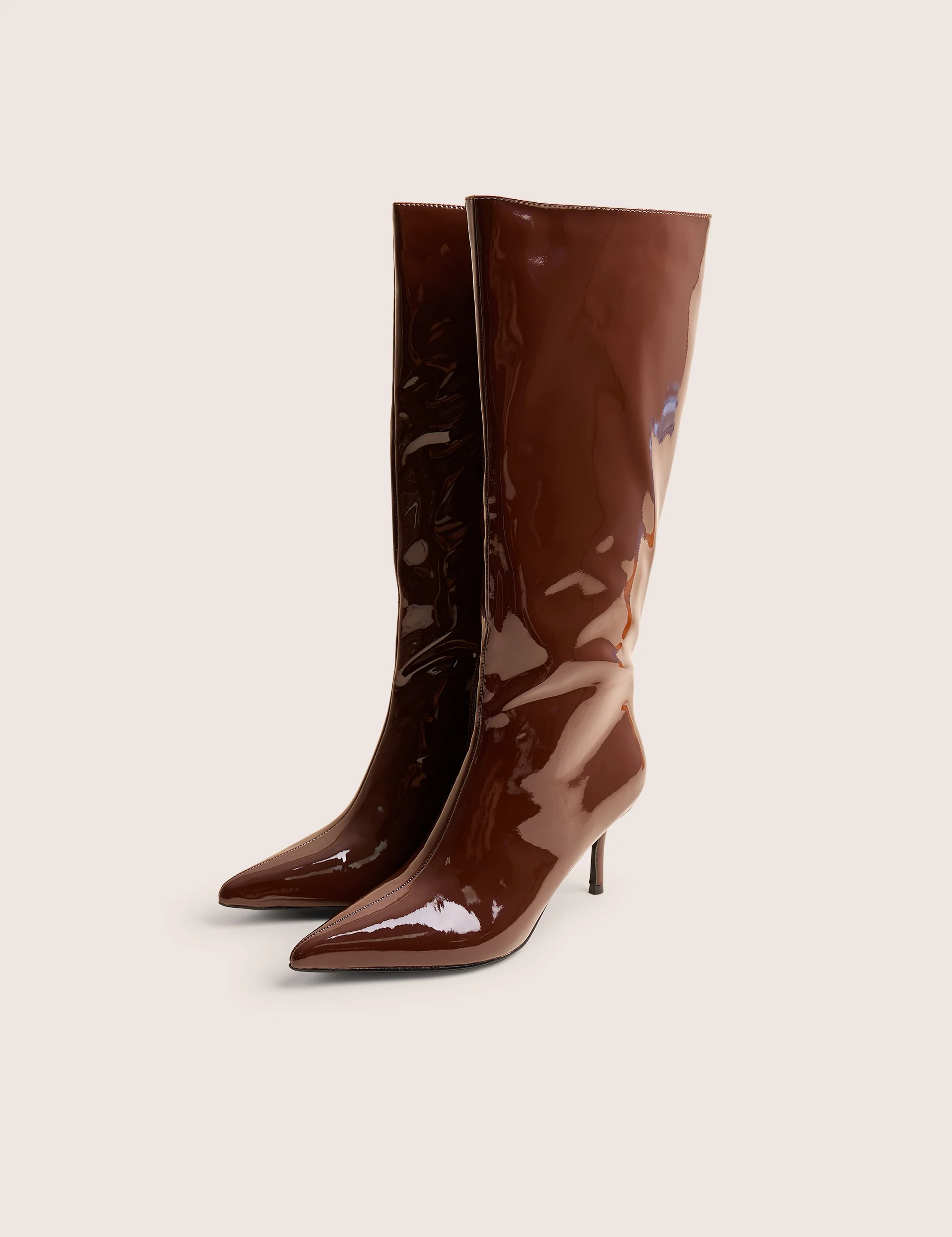 Amped Chocolate Patent Pointed Toe Mid Heel Knee High Boots - Image 2