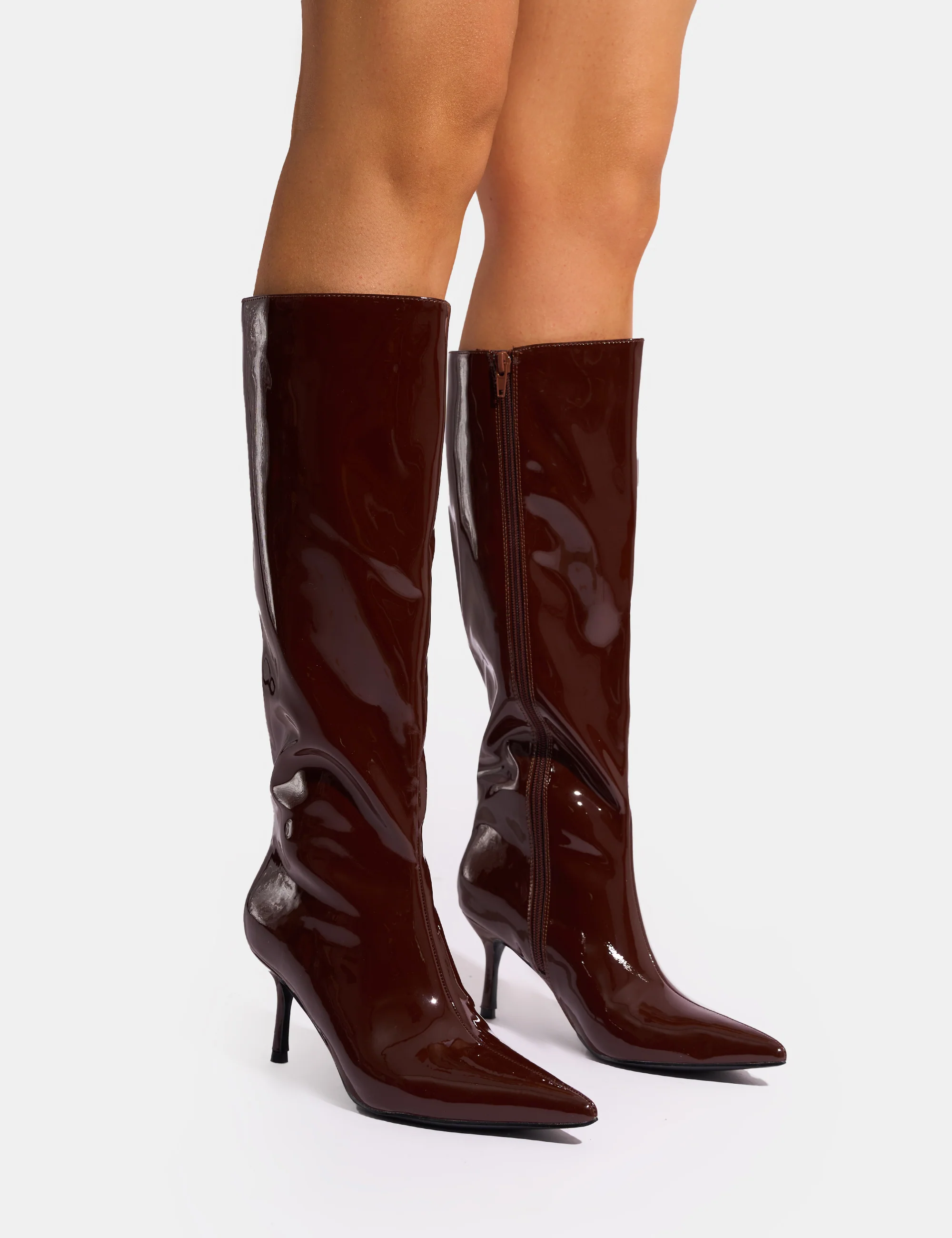 Amped Chocolate Patent Pointed Toe Mid Heel Knee High Boots - Image 5