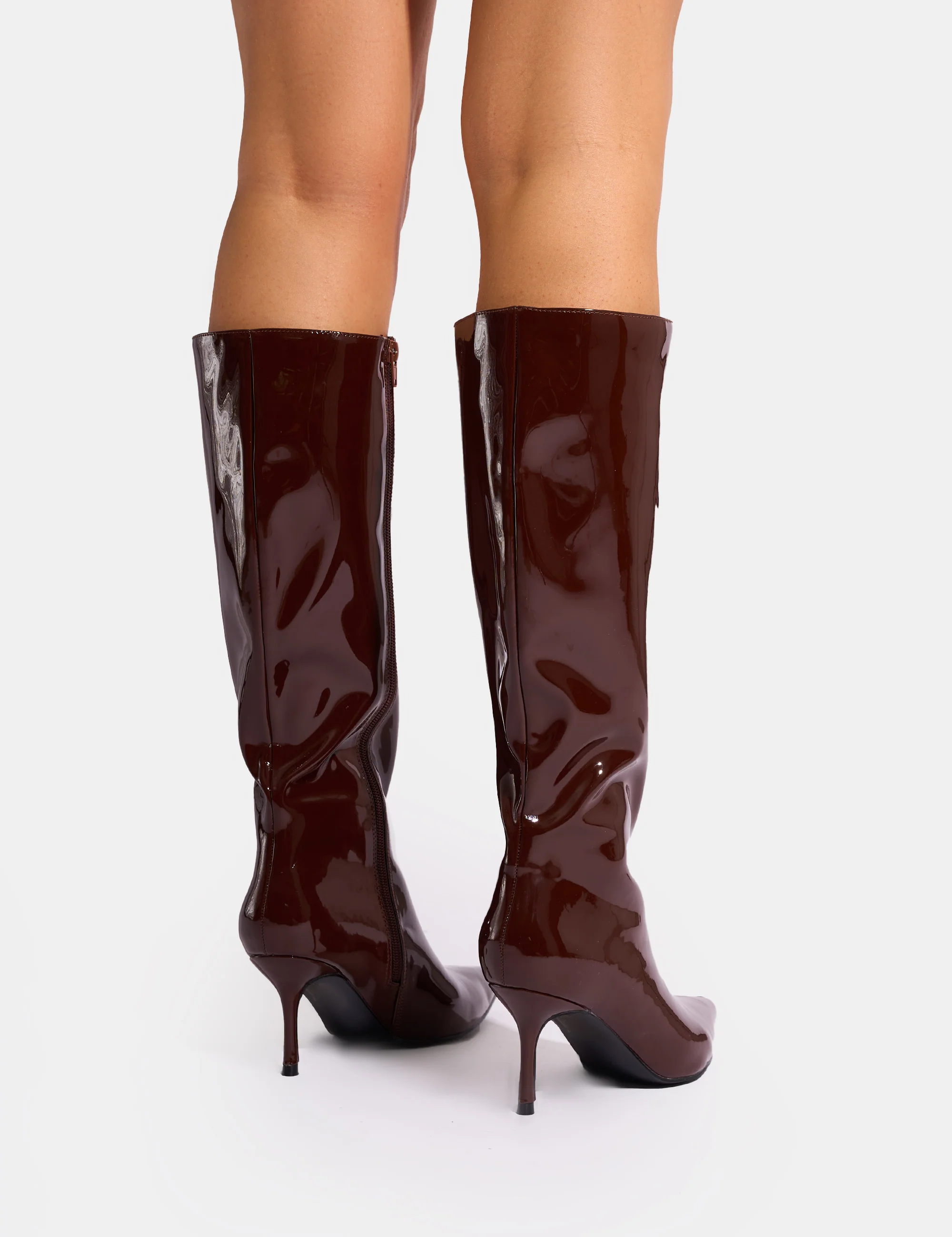 Amped Chocolate Patent Pointed Toe Mid Heel Knee High Boots - Image 7