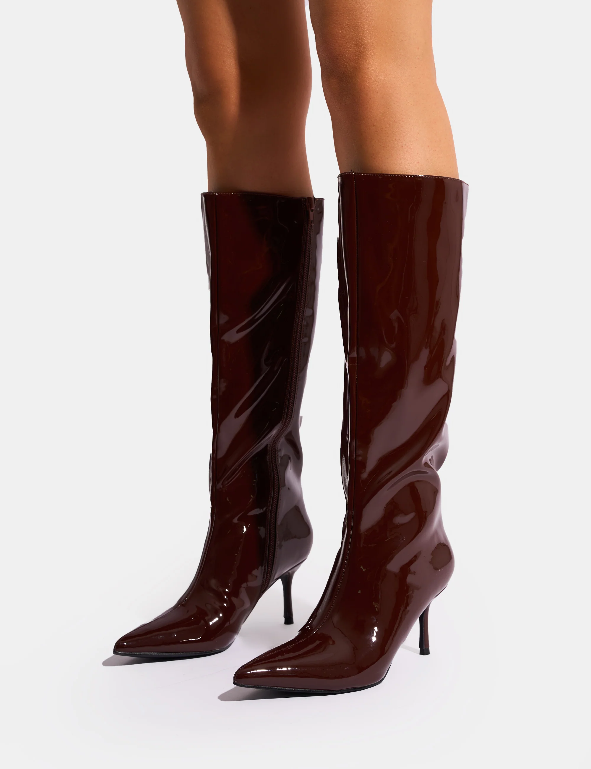 Amped Chocolate Patent Pointed Toe Mid Heel Knee High Boots - Image 8