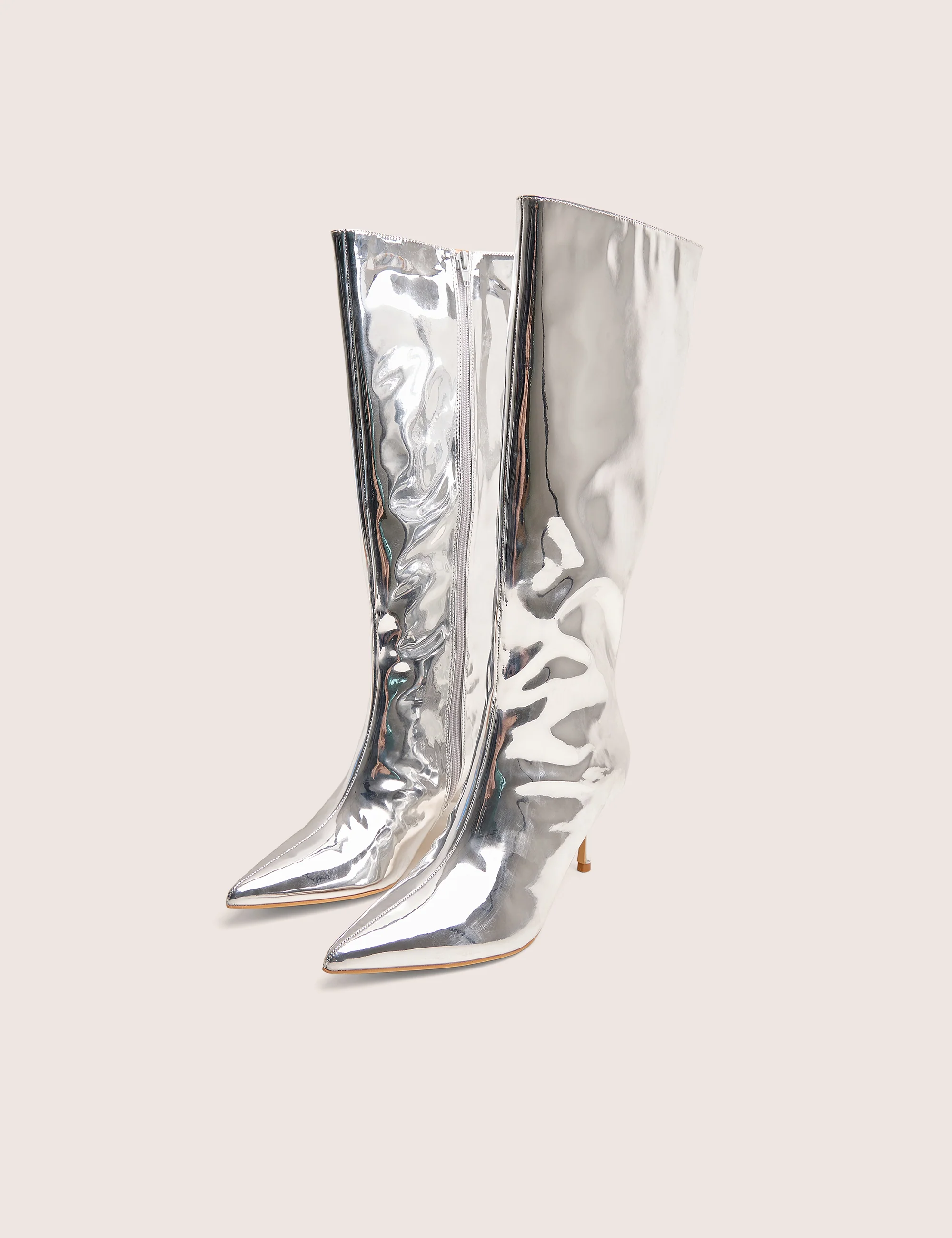Amped Mirror Silver Pointed Toe Mid Heel Knee High Boots - Image 2