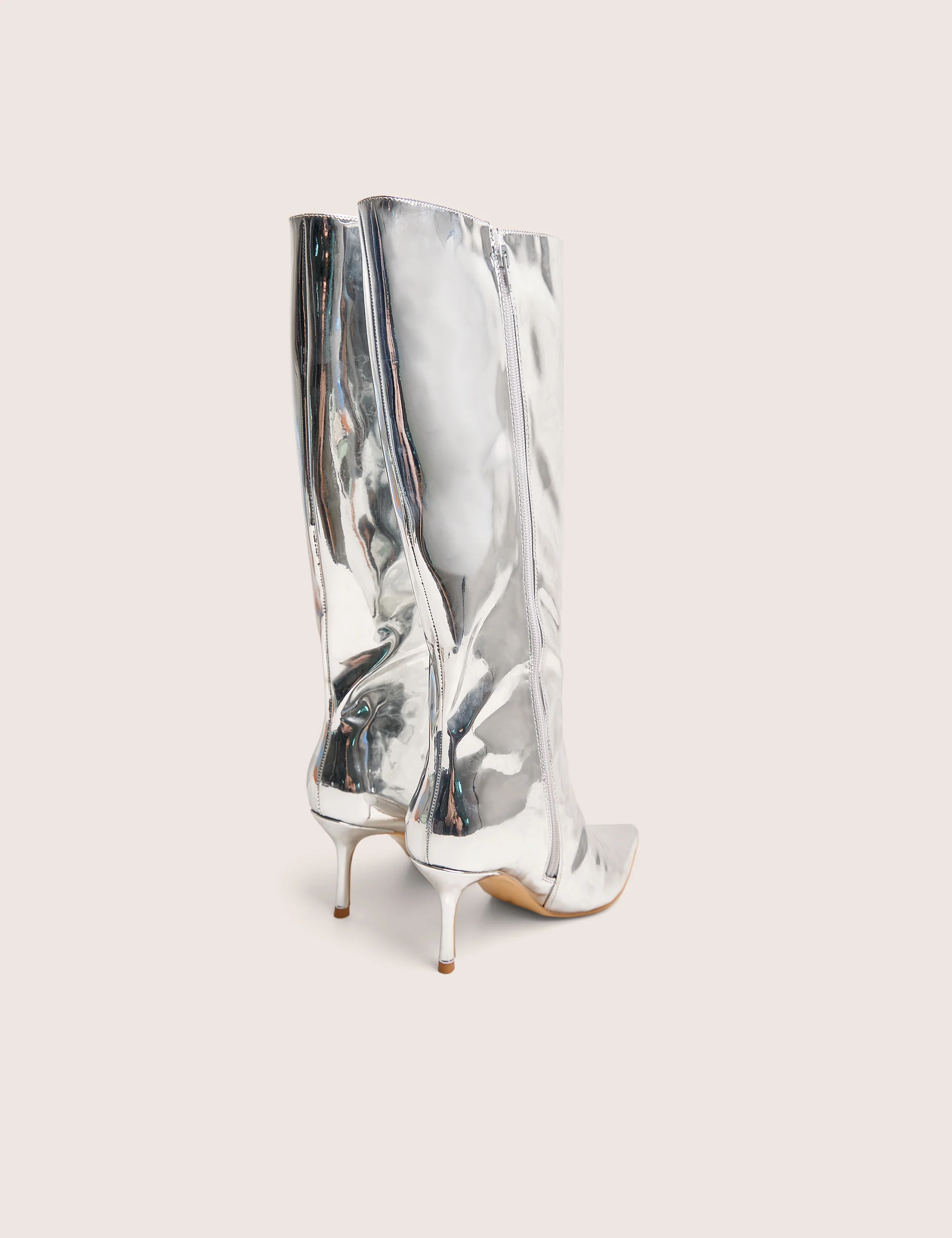 Amped Mirror Silver Pointed Toe Mid Heel Knee High Boots - Image 3
