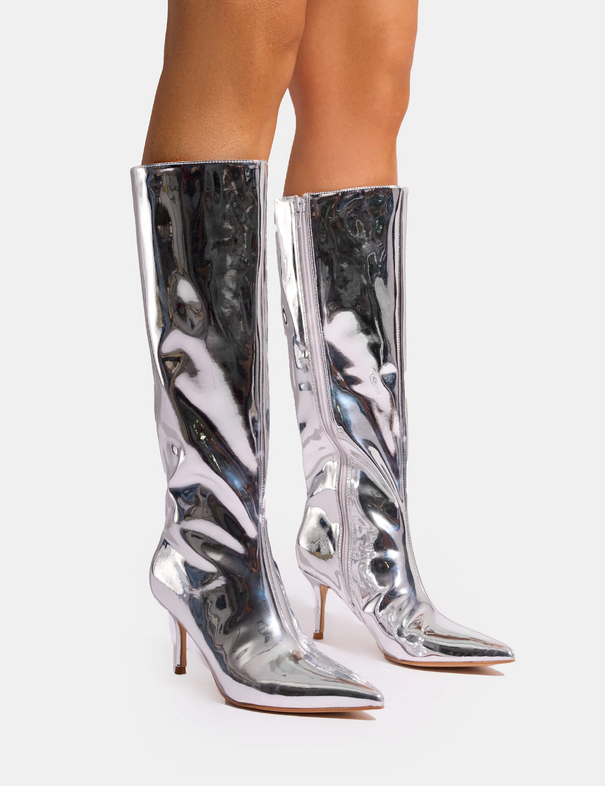 Amped Mirror Silver Pointed Toe Mid Heel Knee High Boots - Image 5