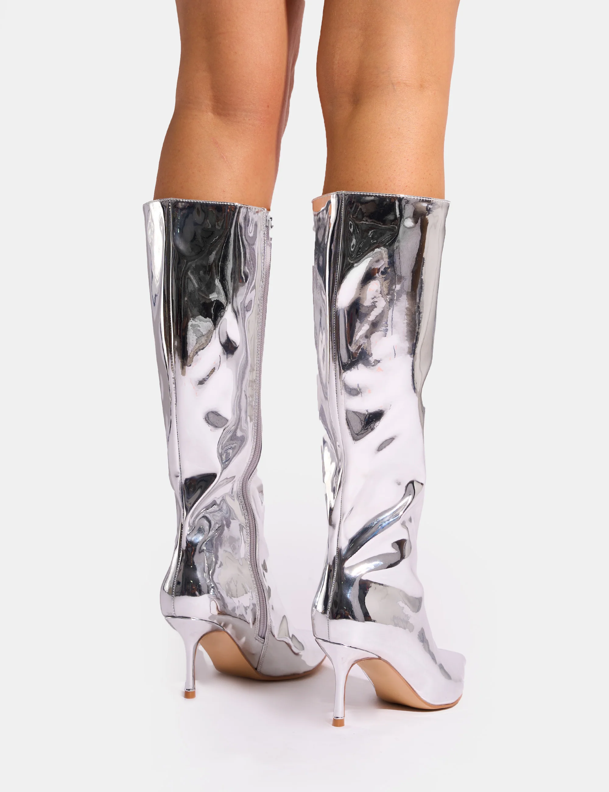 Amped Mirror Silver Pointed Toe Mid Heel Knee High Boots - Image 7