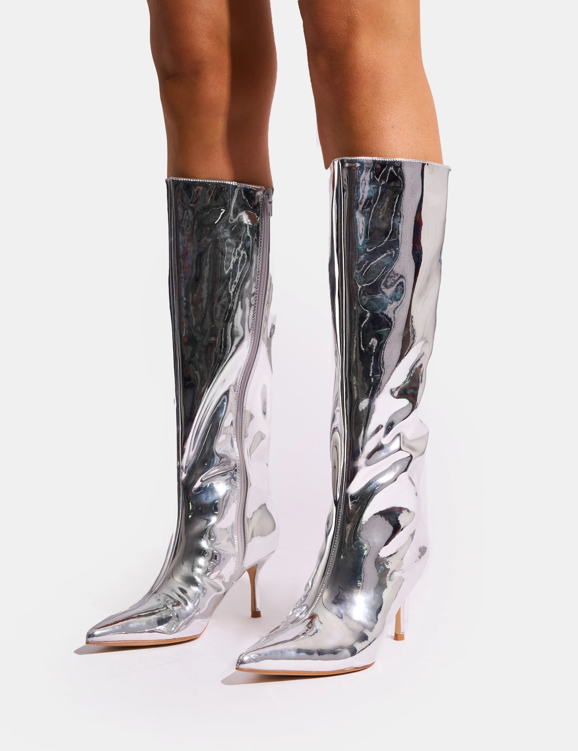 Amped Mirror Silver Pointed Toe Mid Heel Knee High Boots - Image 8