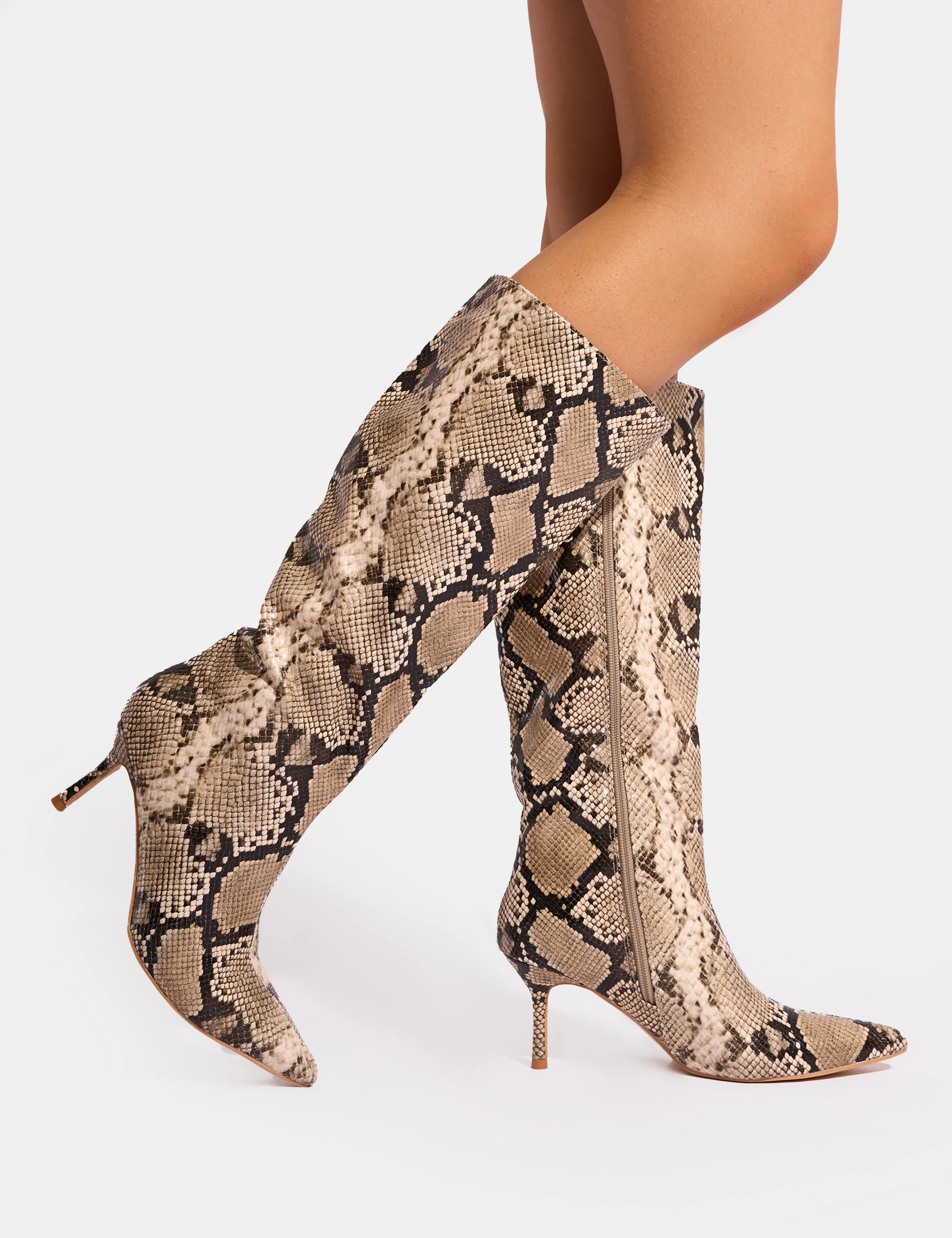 Amped Snake Pointed Toe Mid Heel Knee High Boots - Image 4