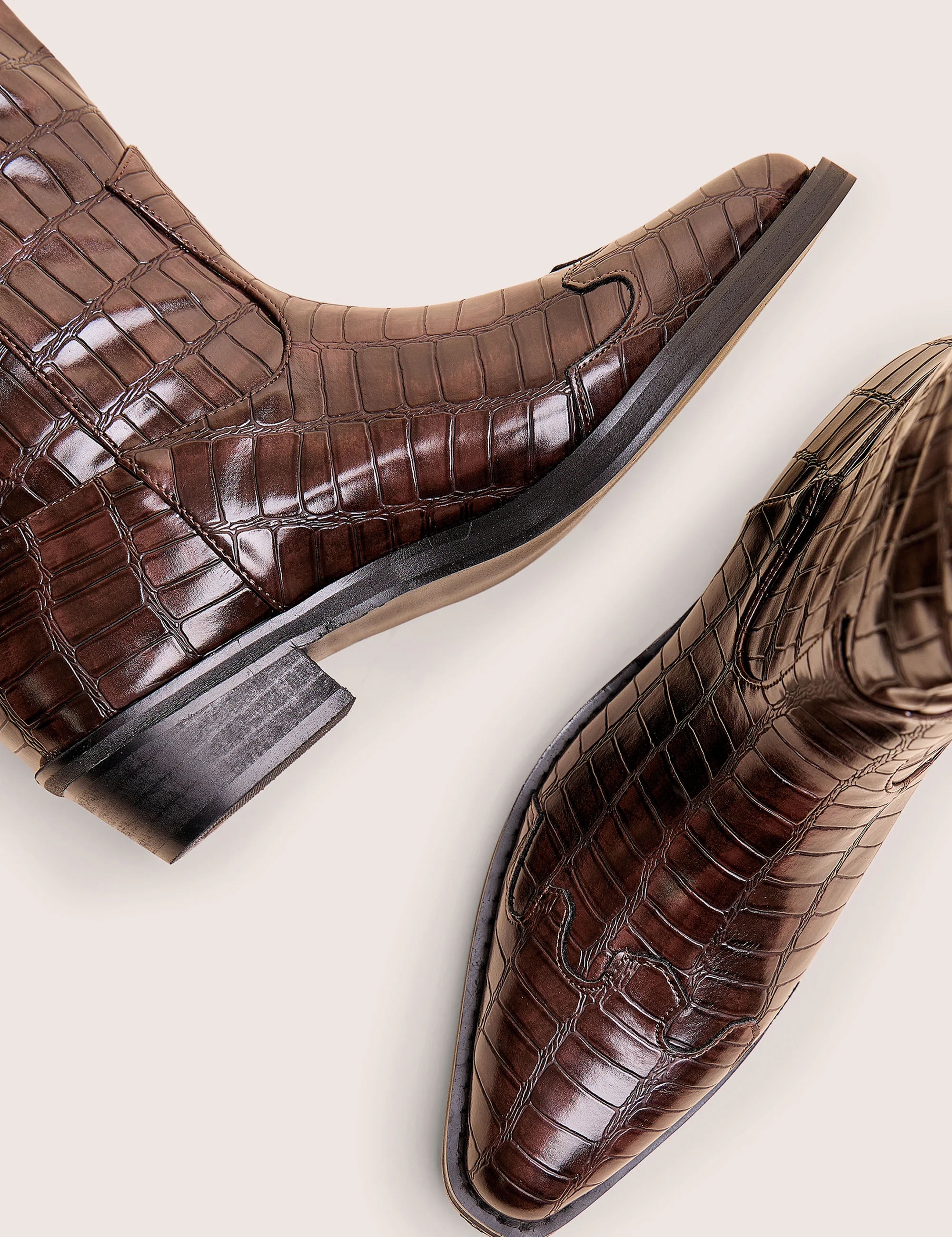 Apollo Brown Croc Flat Western Knee High Boots - Image 5