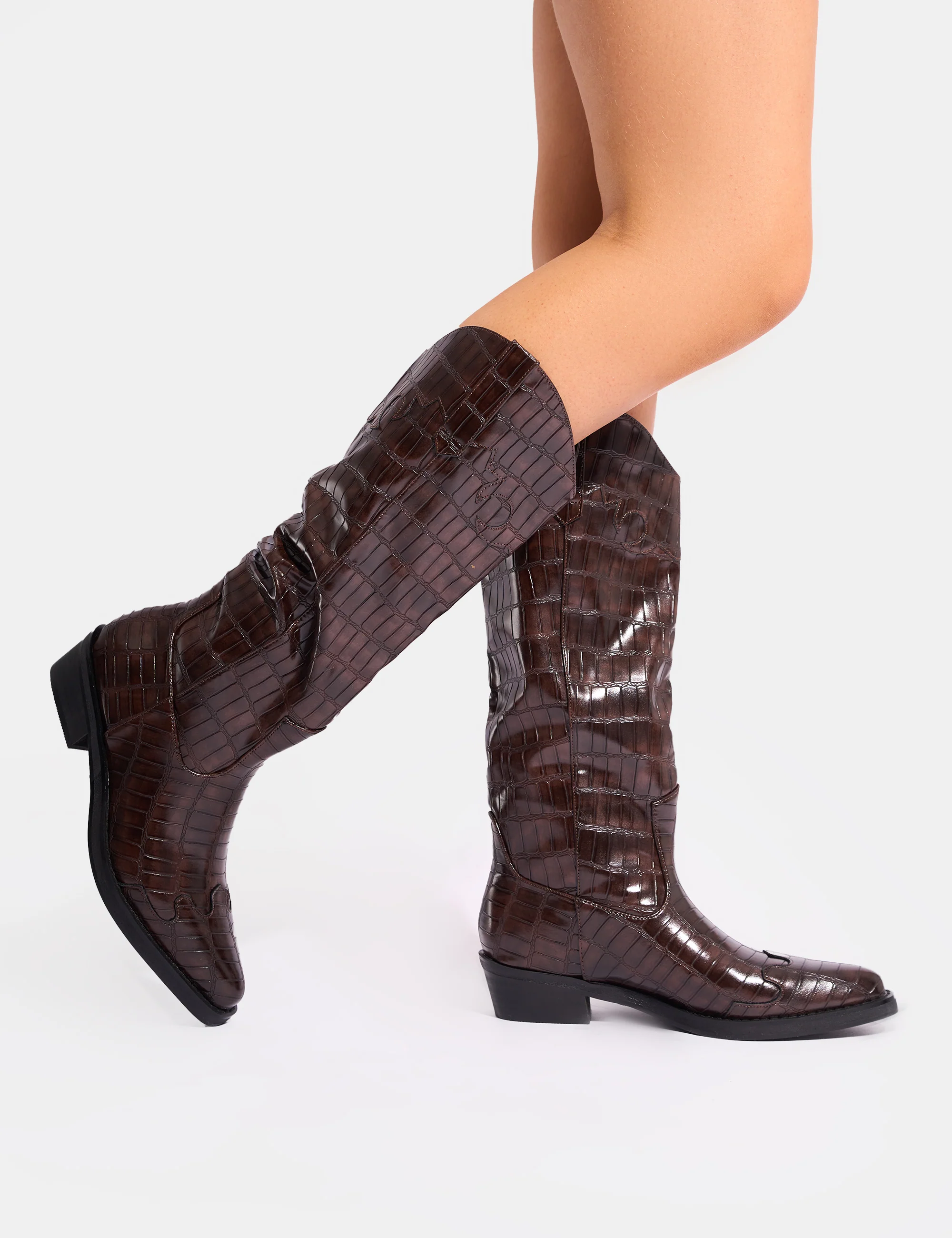 Apollo Brown Croc Flat Western Knee High Boots - Image 7