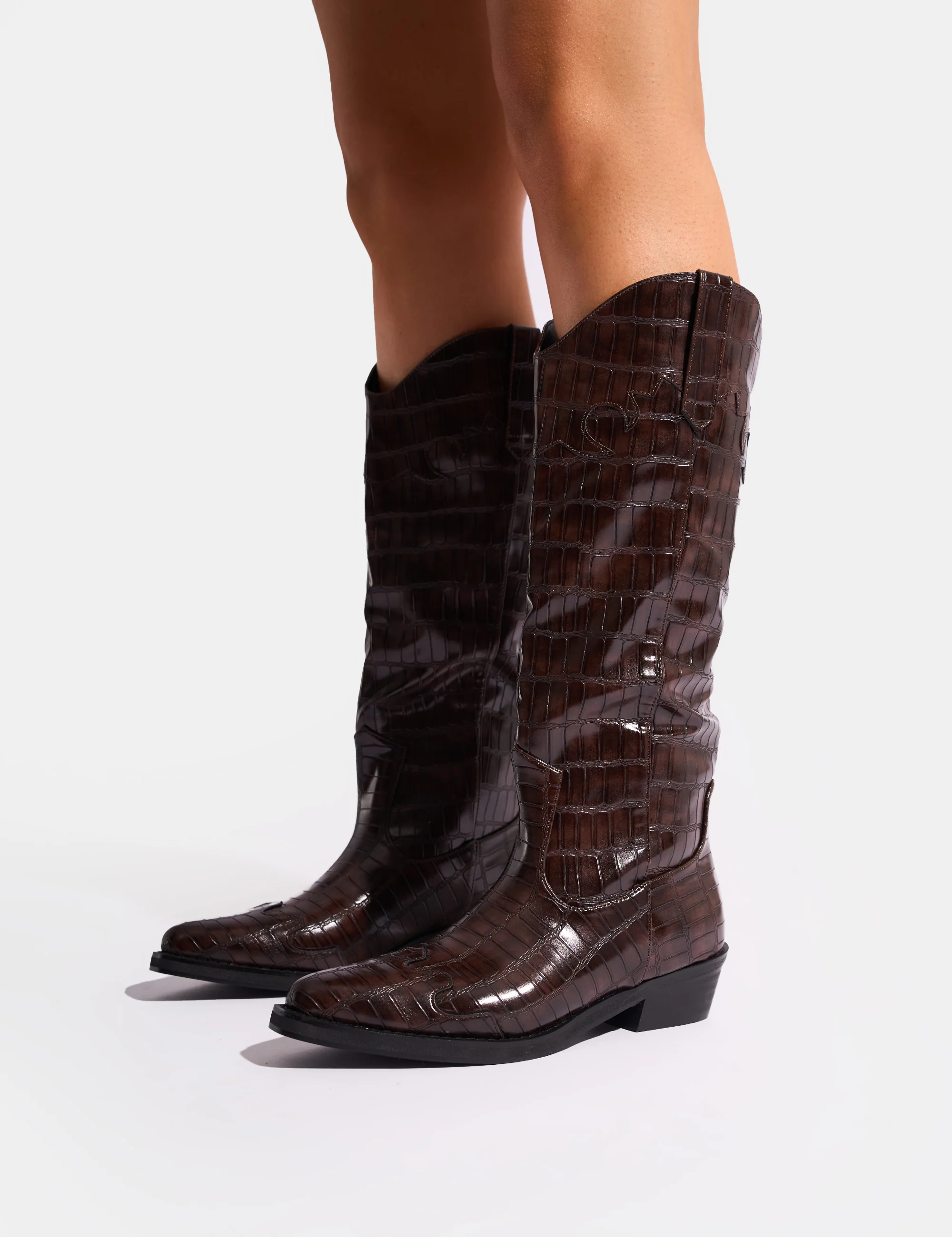 Apollo Brown Croc Flat Western Knee High Boots - Image 9