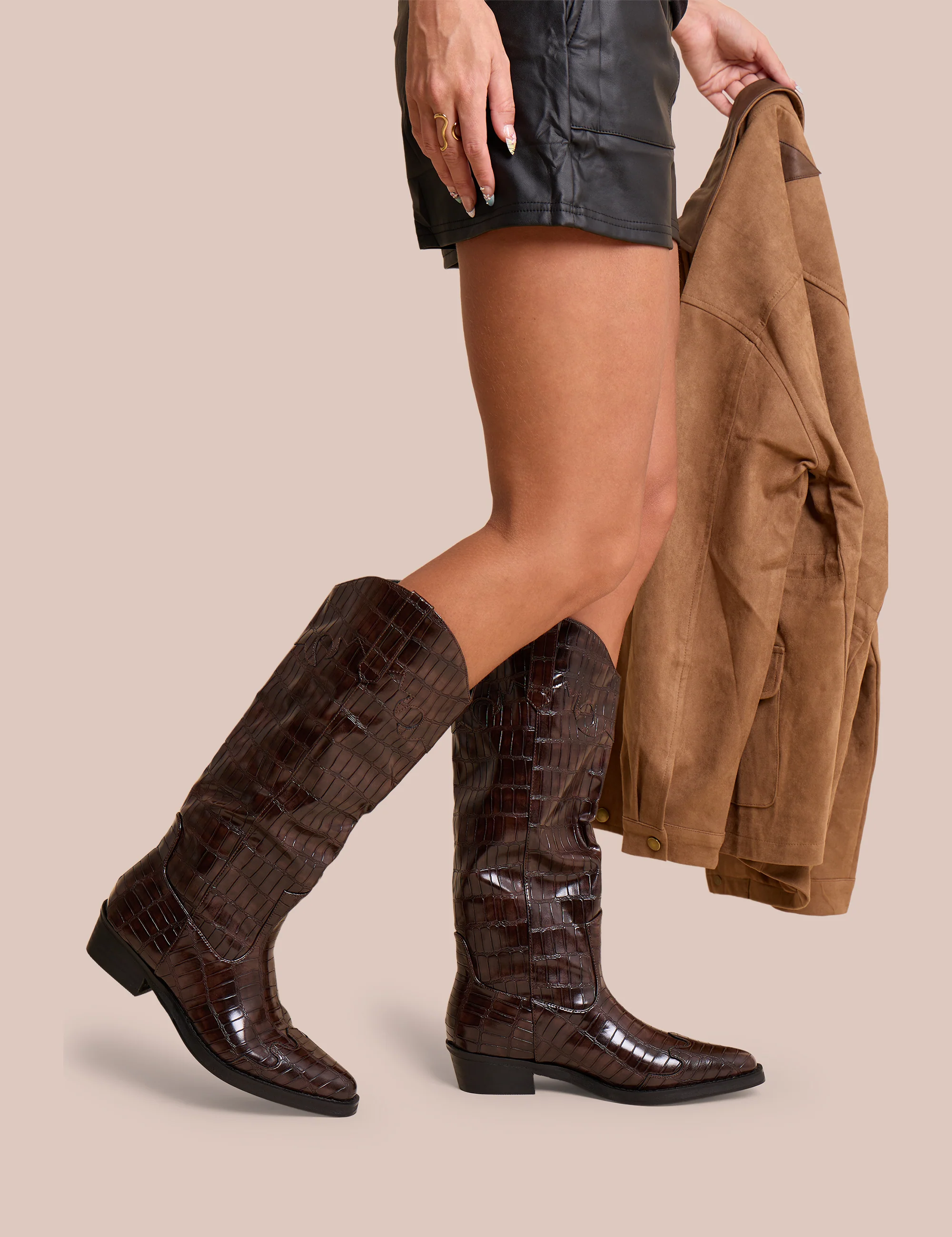 Apollo Brown Croc Wide Fit Flat Western Knee High Boots - Image 2