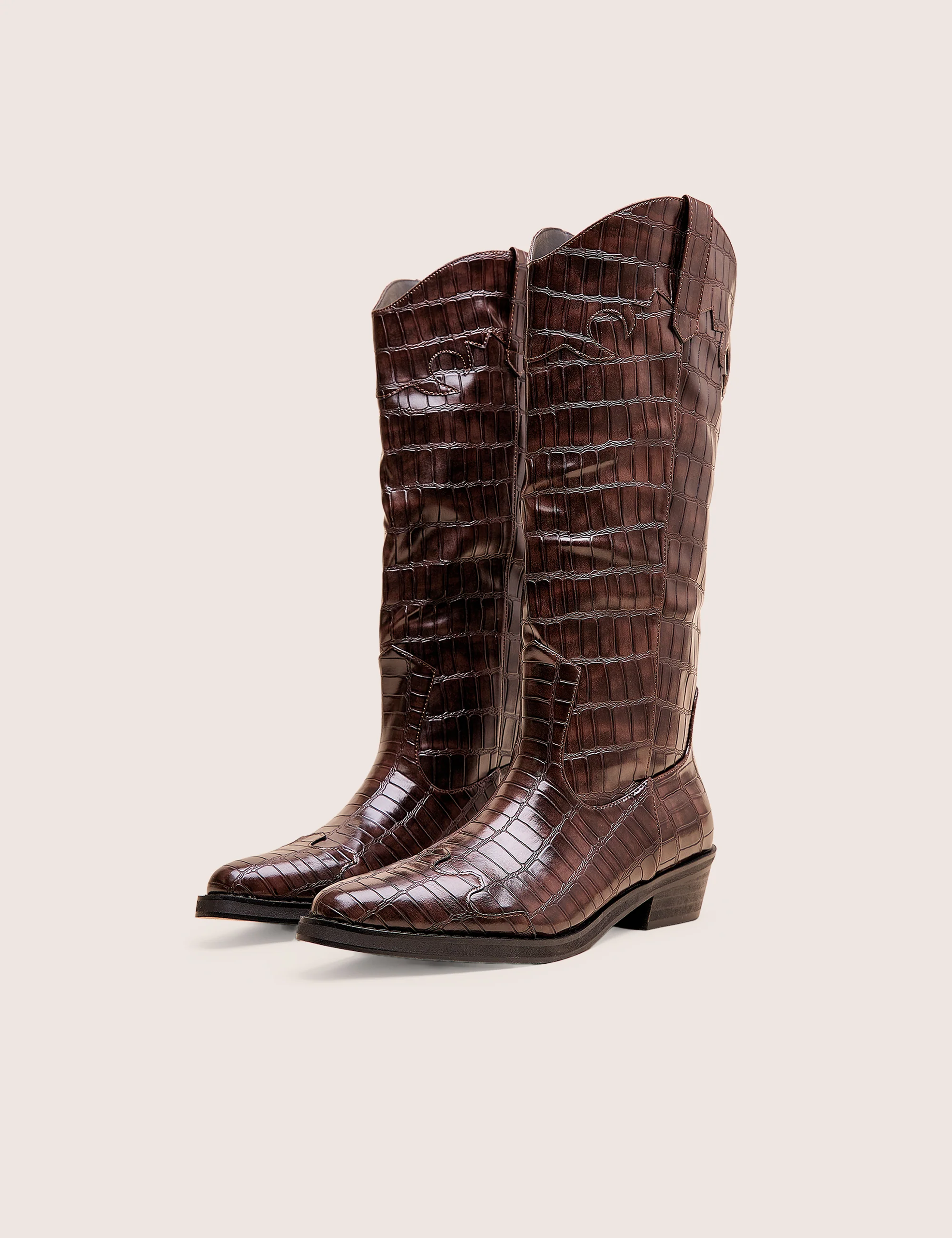 Apollo Brown Croc Wide Fit Flat Western Knee High Boots - Image 3