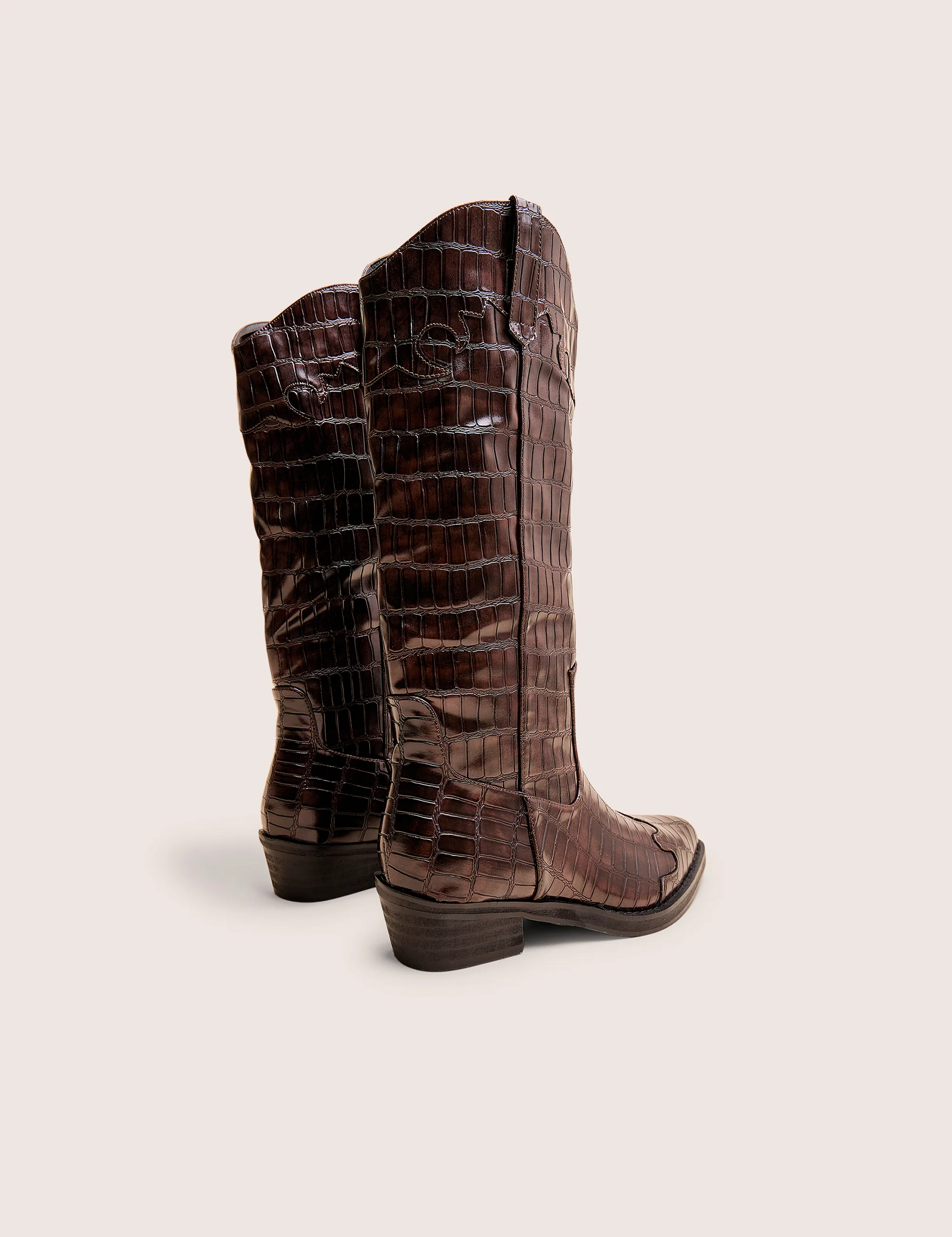 Apollo Brown Croc Wide Fit Flat Western Knee High Boots - Image 4