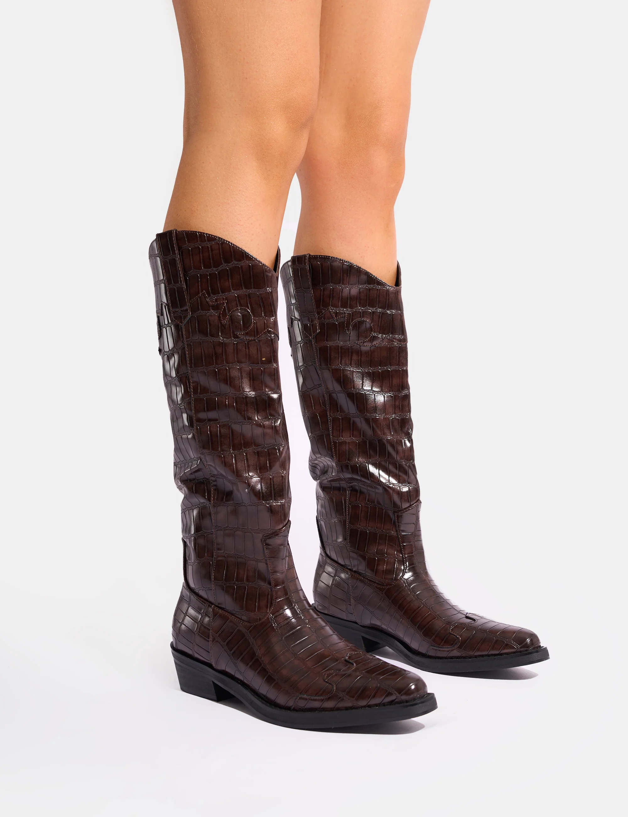 Apollo Brown Croc Wide Fit Flat Western Knee High Boots - Image 6