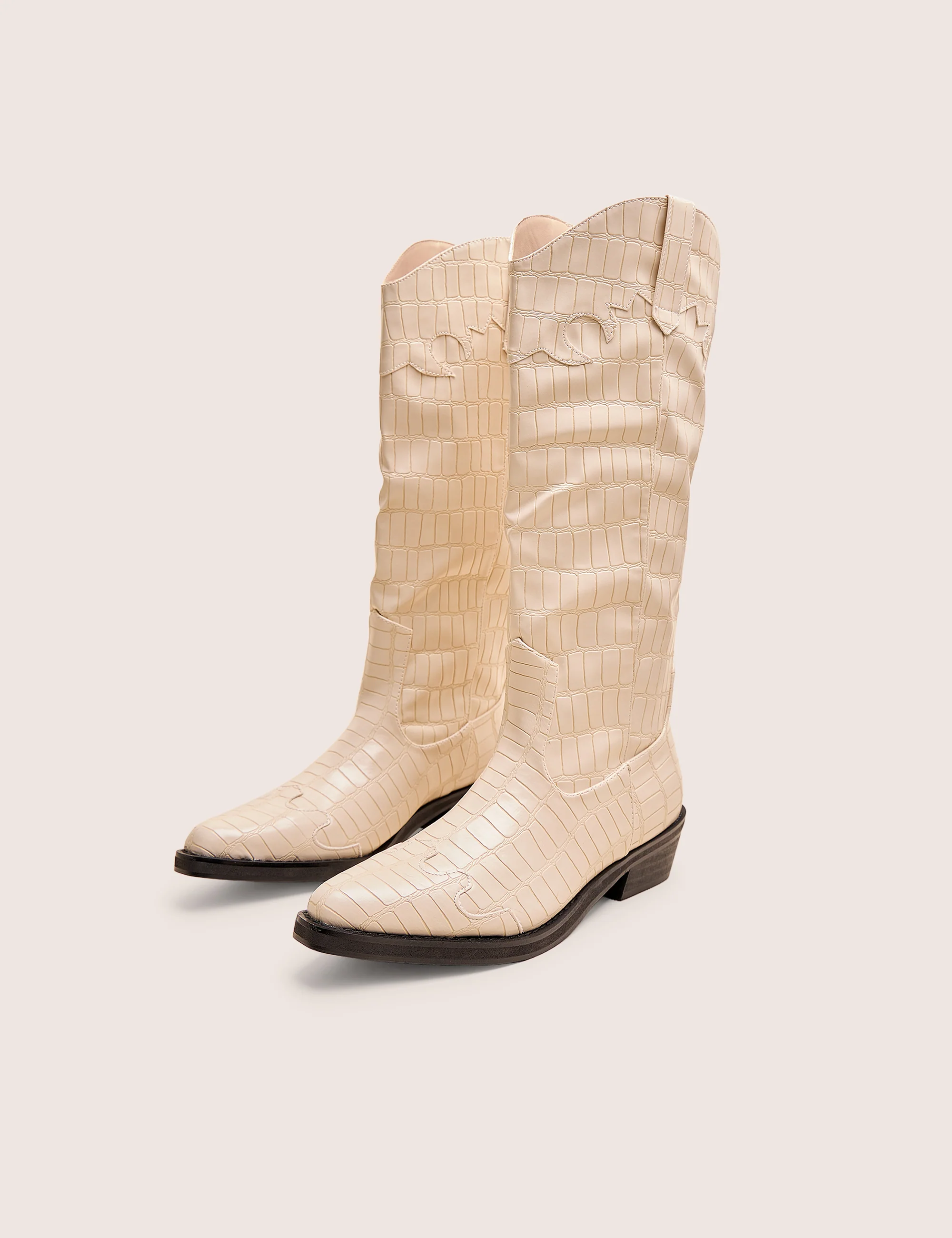 Apollo Cream Stitch Flat Western Knee High Boots - Image 2