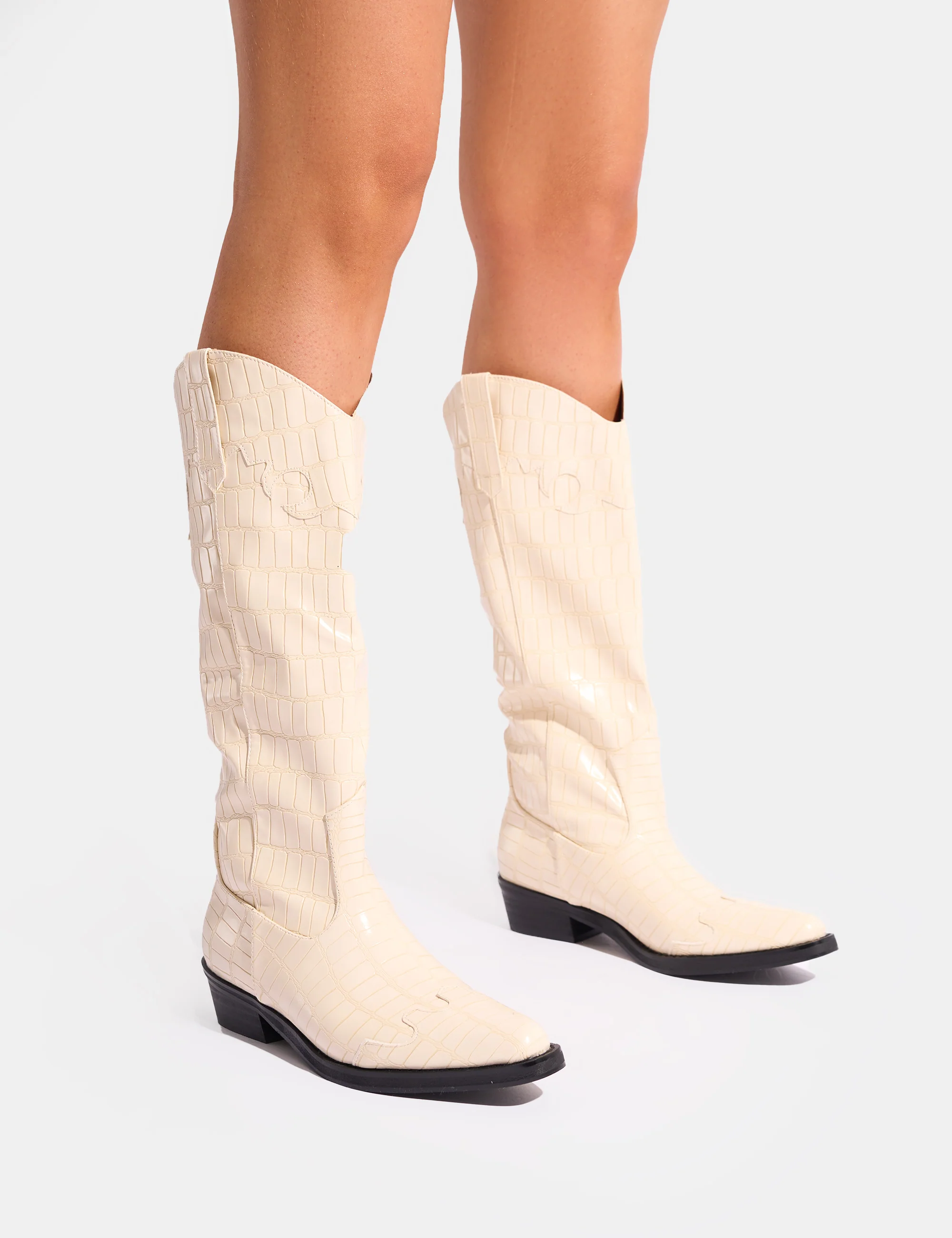 Apollo Cream Stitch Flat Western Knee High Boots - Image 5