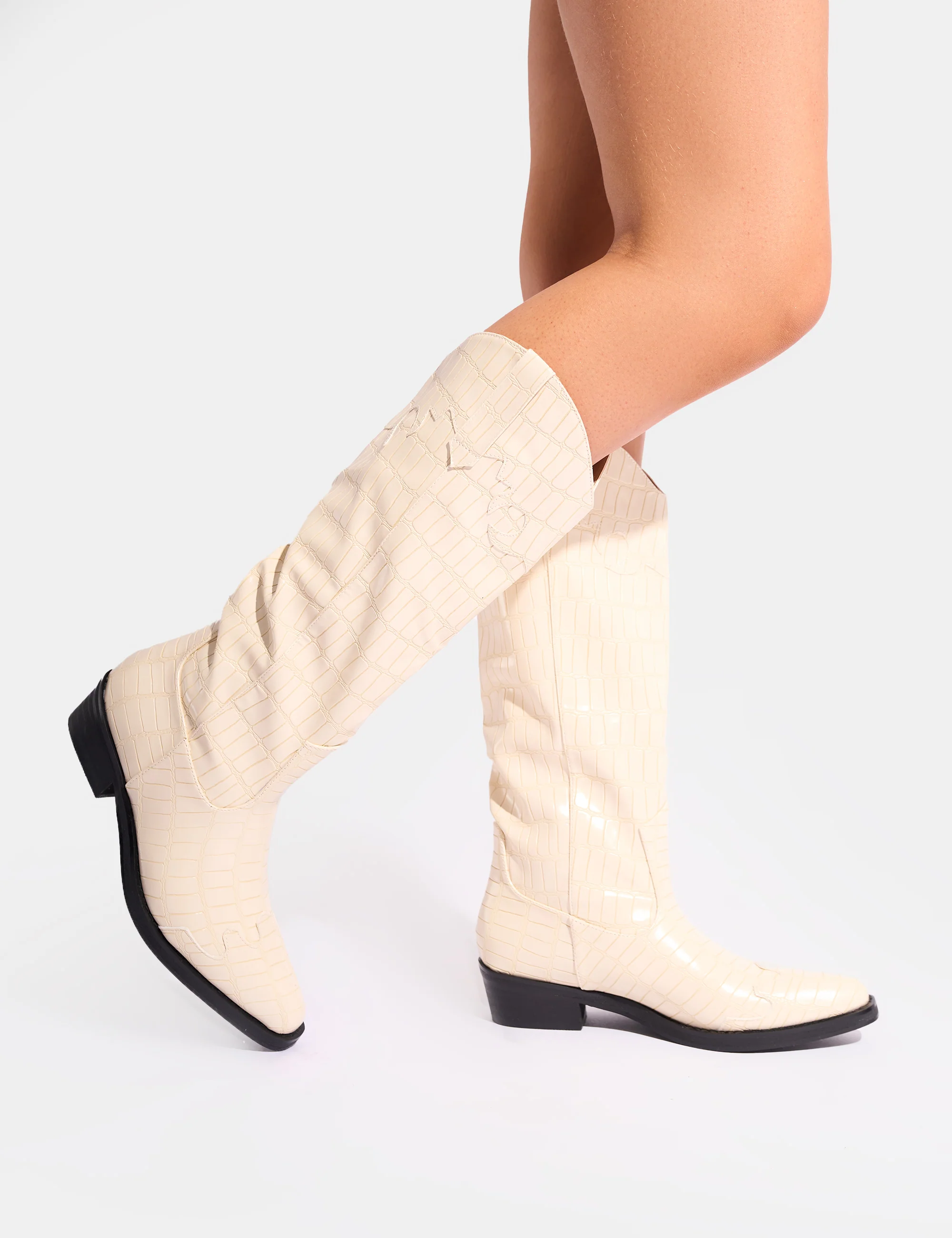 Apollo Cream Stitch Flat Western Knee High Boots - Image 6