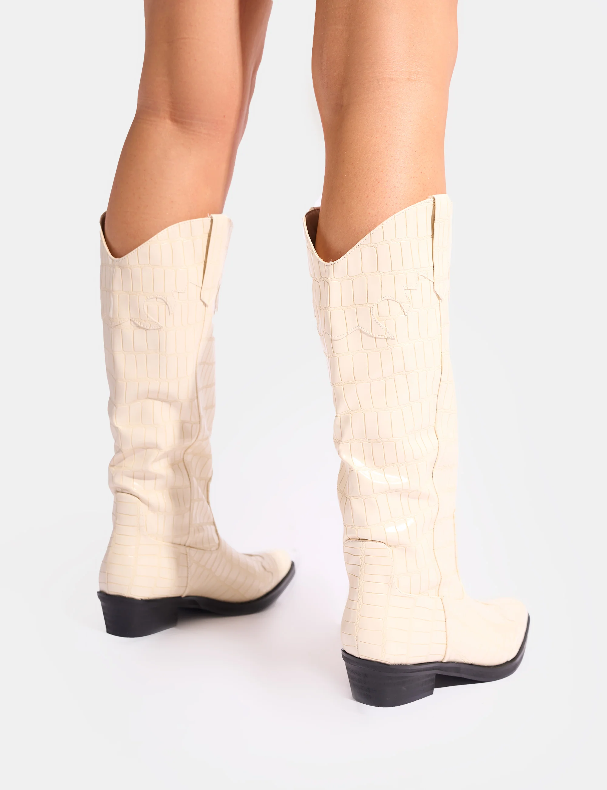Apollo Cream Stitch Flat Western Knee High Boots - Image 7