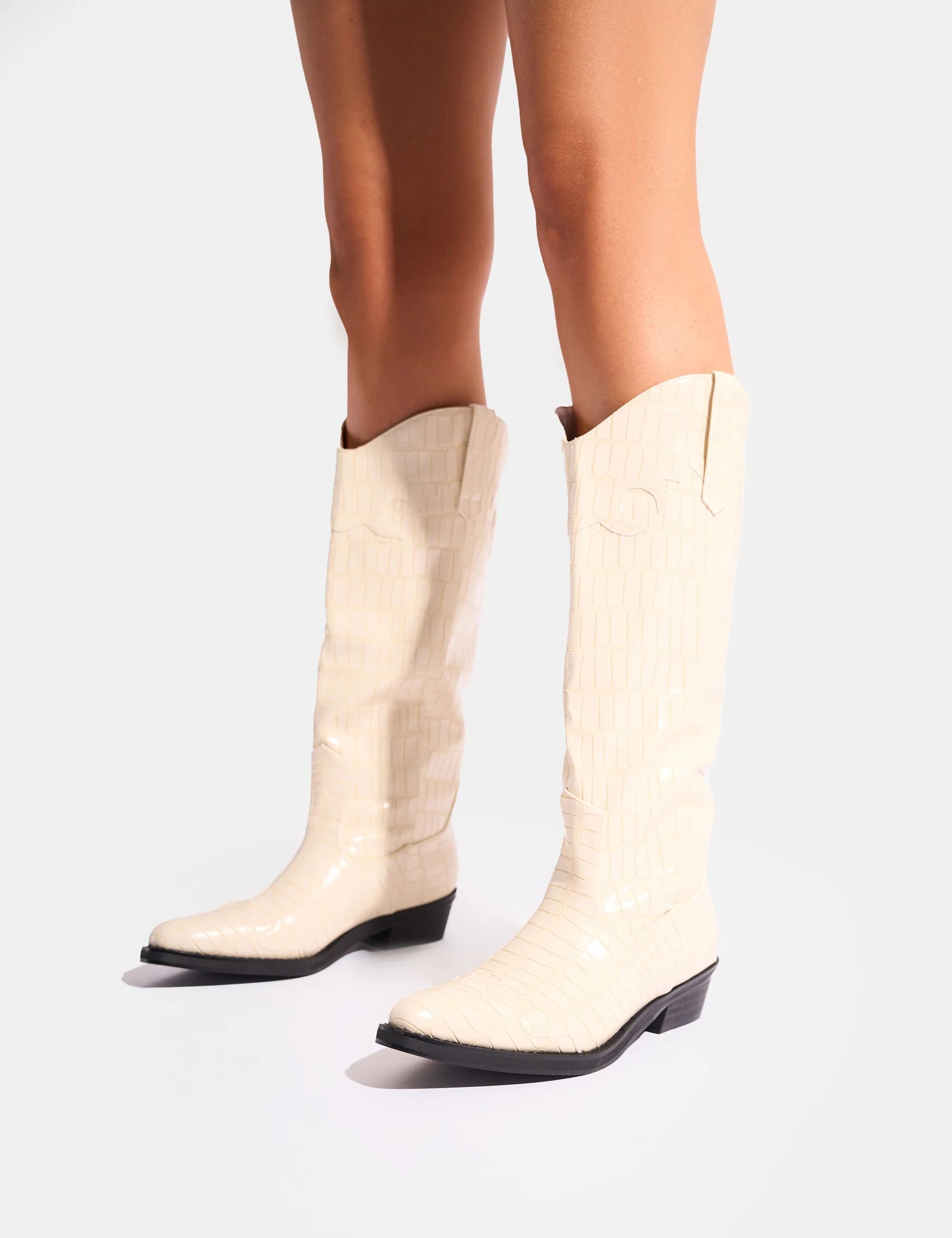Apollo Cream Stitch Flat Western Knee High Boots - Image 8