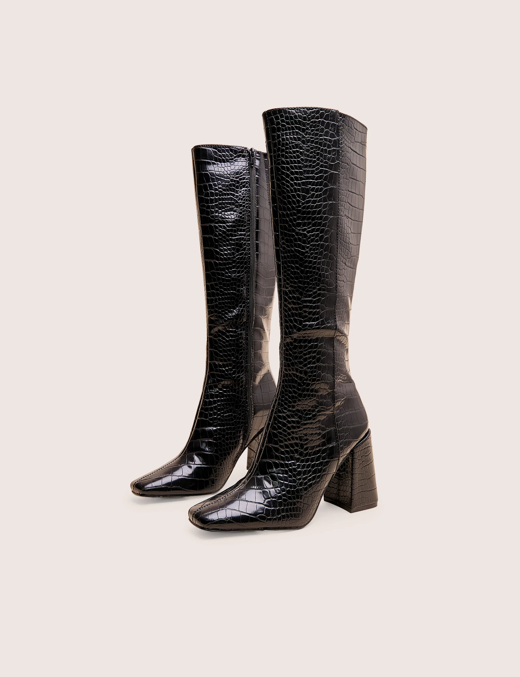 Apology Black Patent Croc Knee High Block Heel Boots - Image 4
