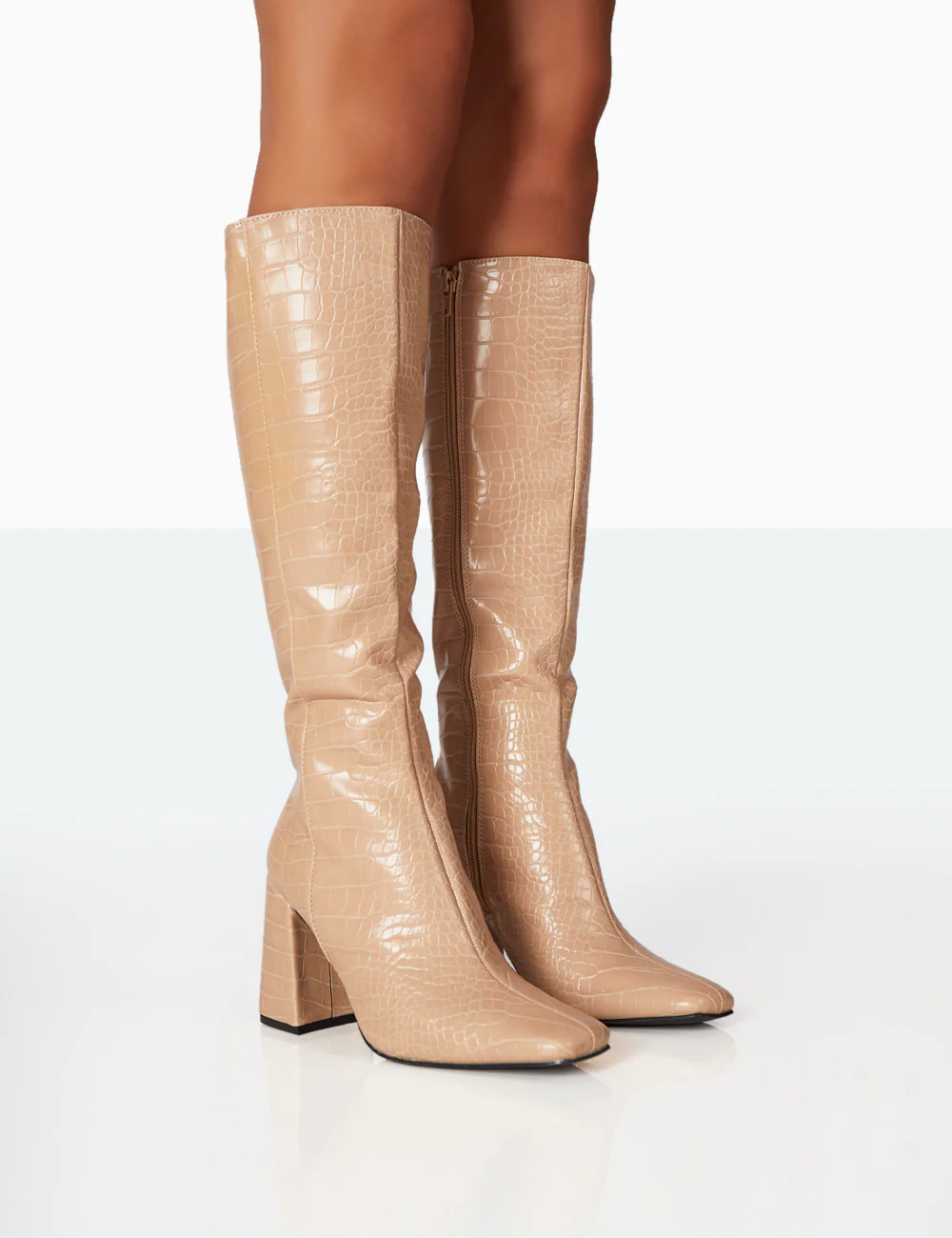 Apology Nude Patent Croc Knee High Block Heel Boots - Image 6