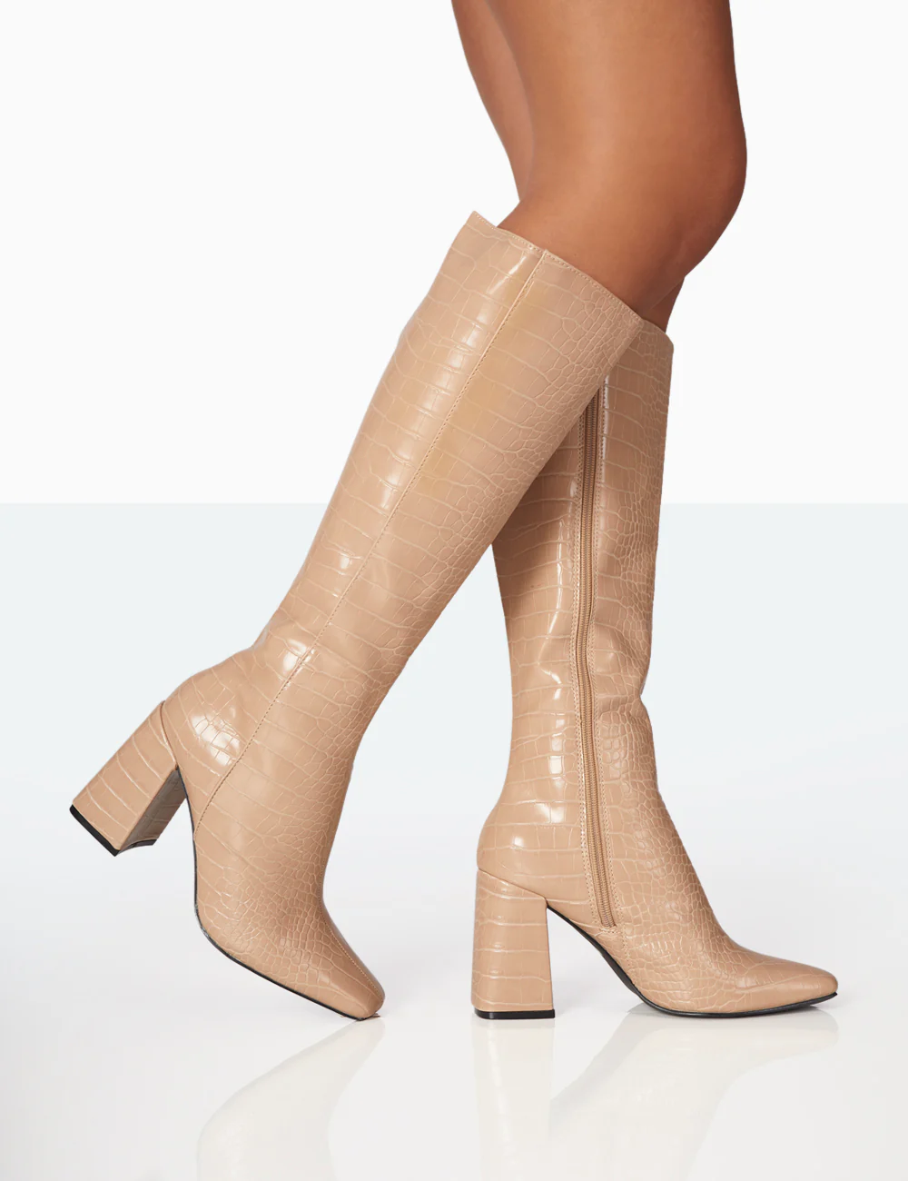 Apology Nude Patent Croc Knee High Block Heel Boots - Image 7