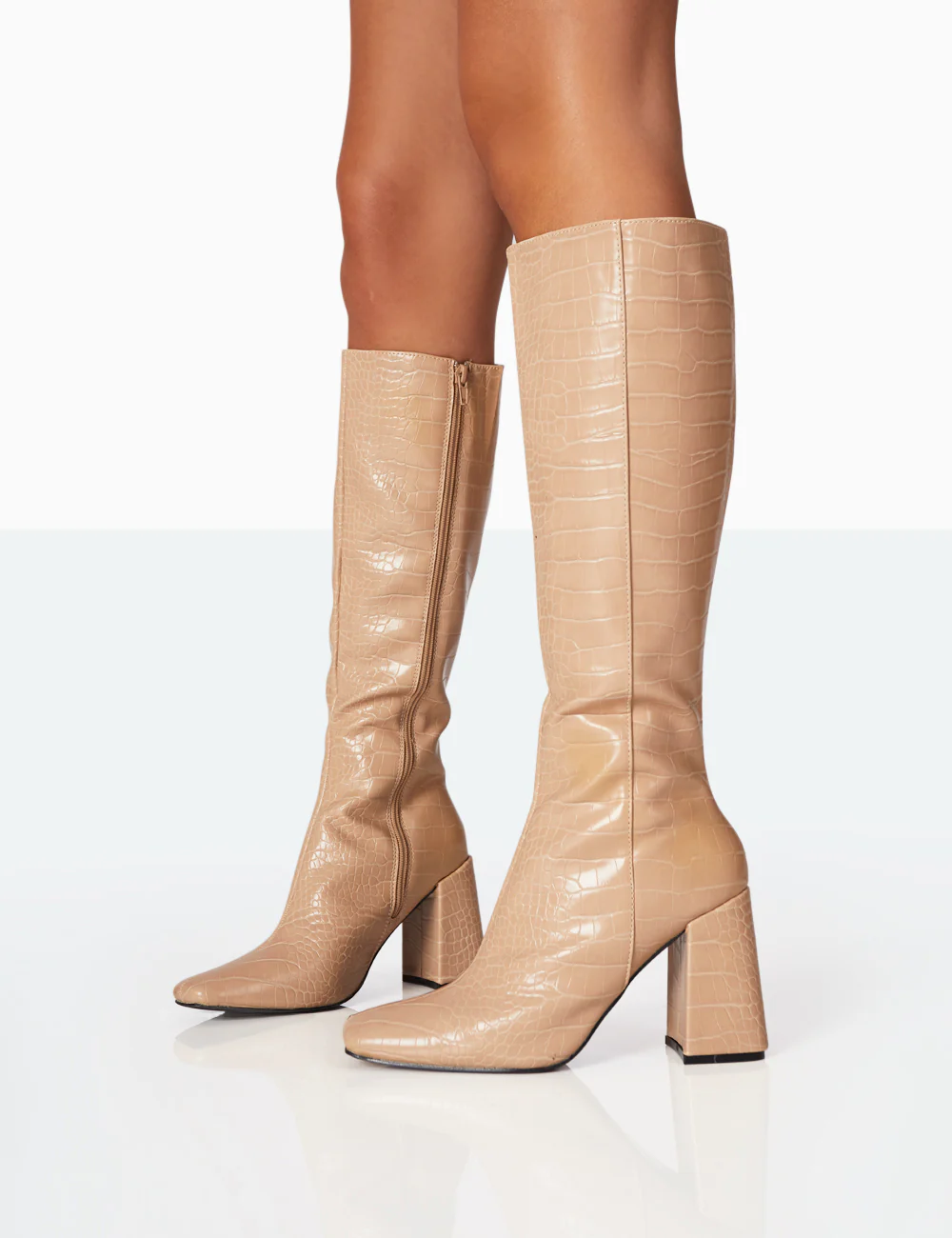 Apology Nude Patent Croc Knee High Block Heel Boots - Image 8