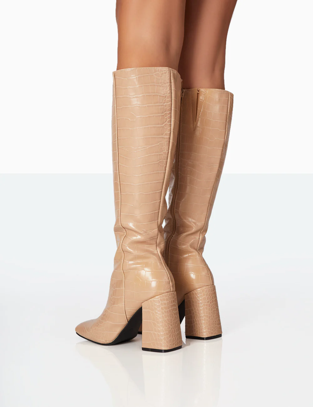 Apology Nude Patent Croc Knee High Block Heel Boots - Image 9