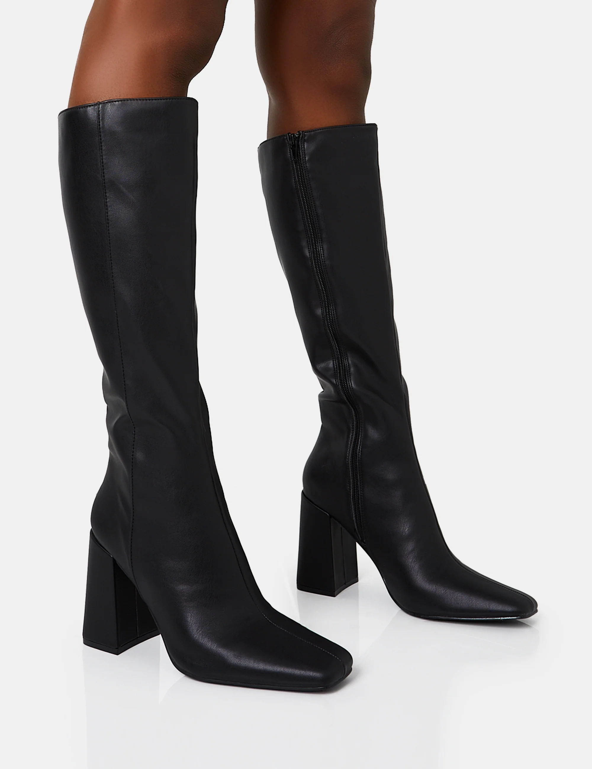 Apology Wide Fit Black Pu Knee High Block Heel Boots - Image 5