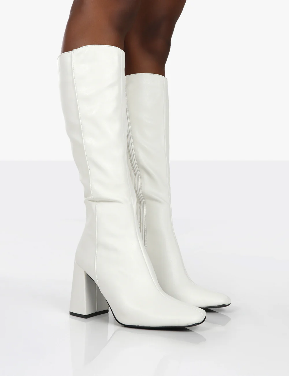 Apology White Pu Knee High Block Heel Boots - Image 5