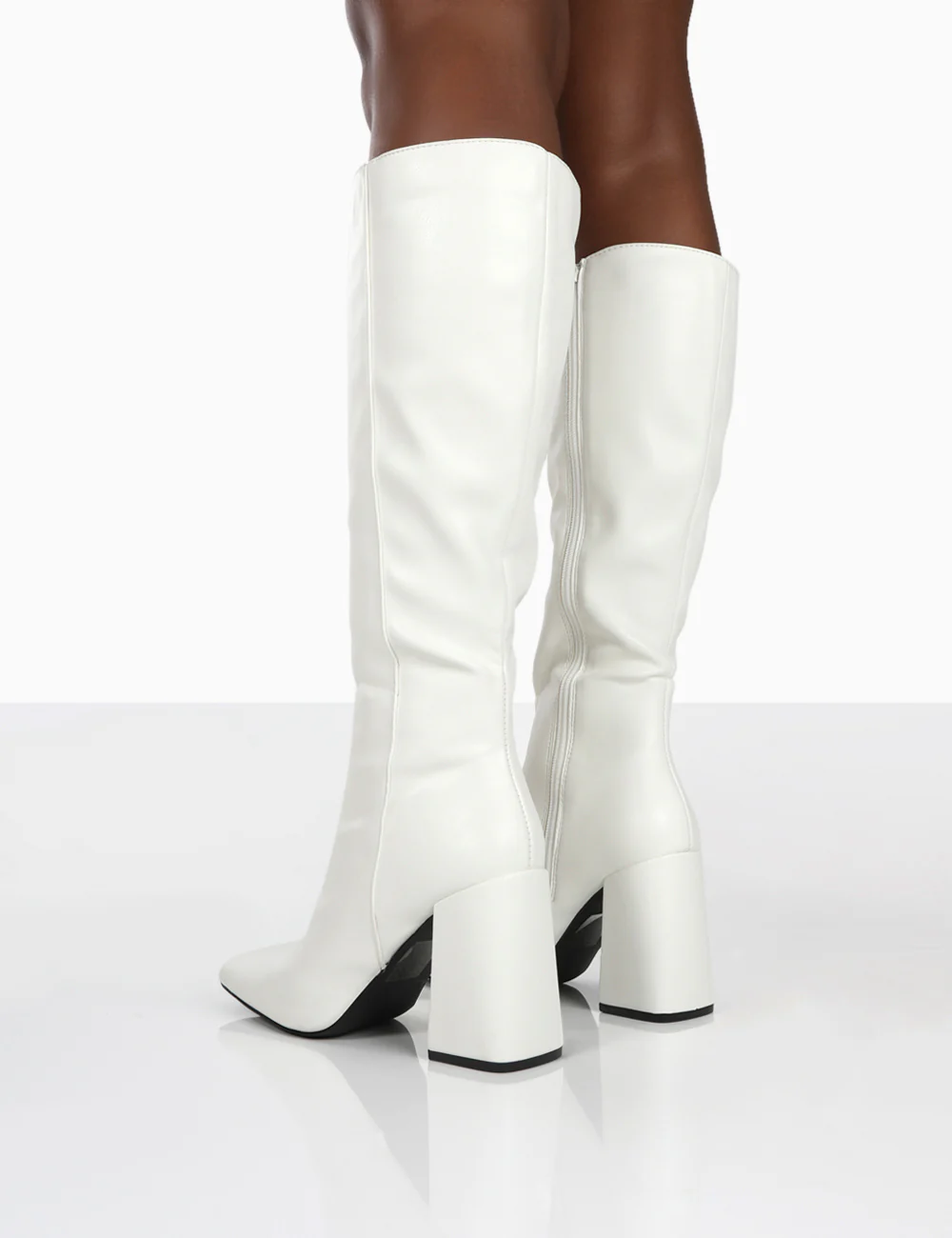 Apology White Pu Knee High Block Heel Boots - Image 7