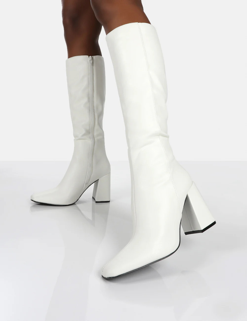 Apology White Pu Knee High Block Heel Boots - Image 8