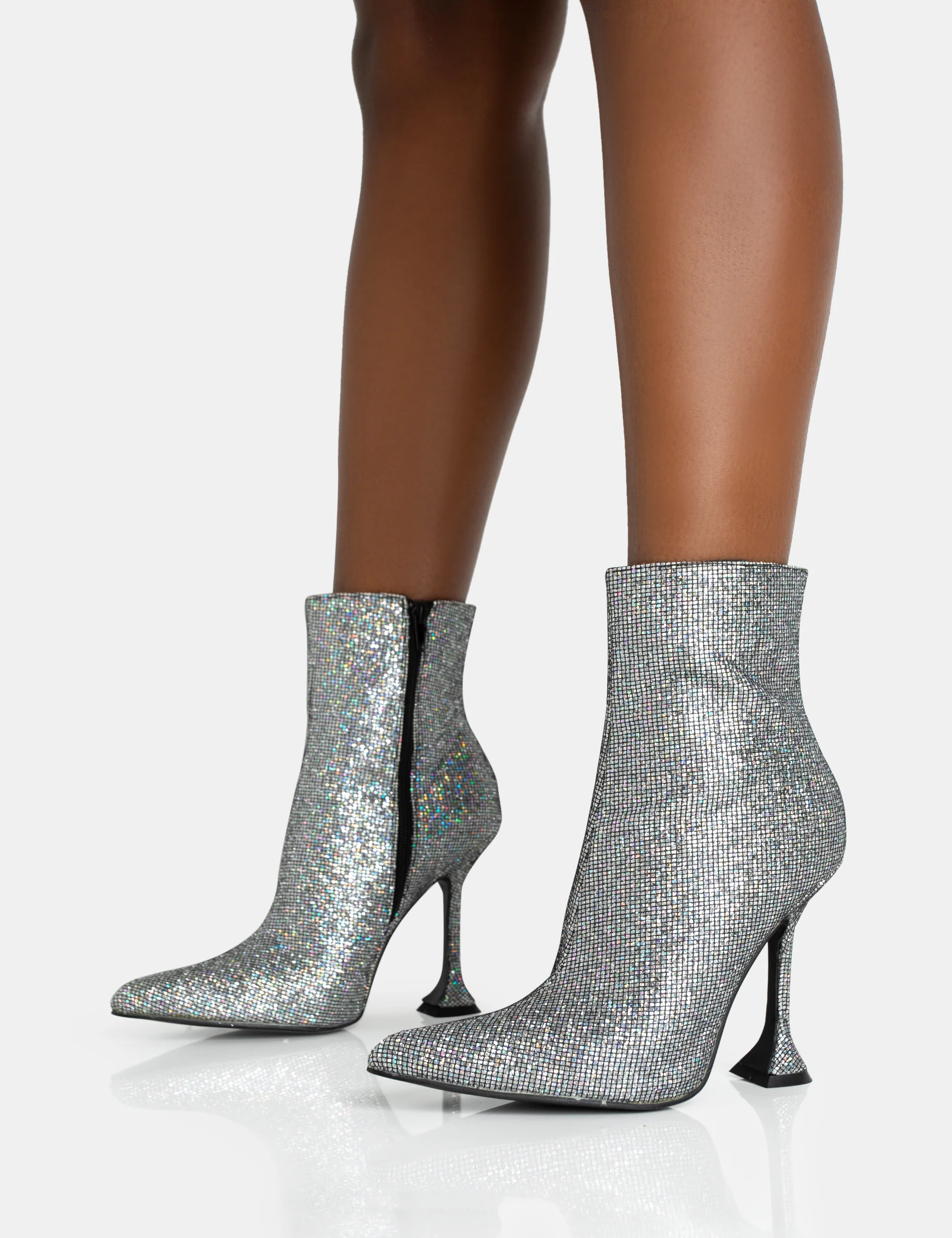 Arabella SIlver Glitter Pointed Toe Cake Stand Heeled Ankle Boots - Image 3