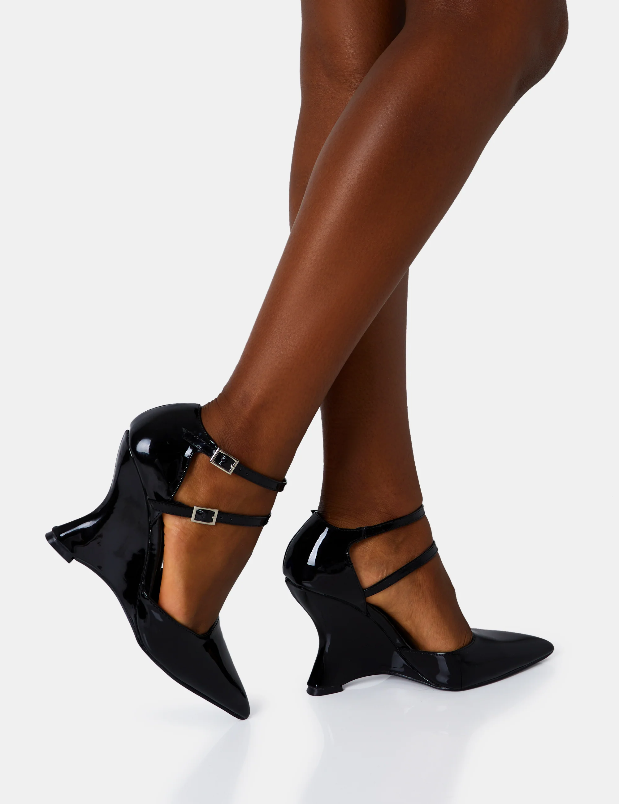 Aspiration Black Patent Strappy Pointed Platform Cut Out Wedge Heels - Image 3