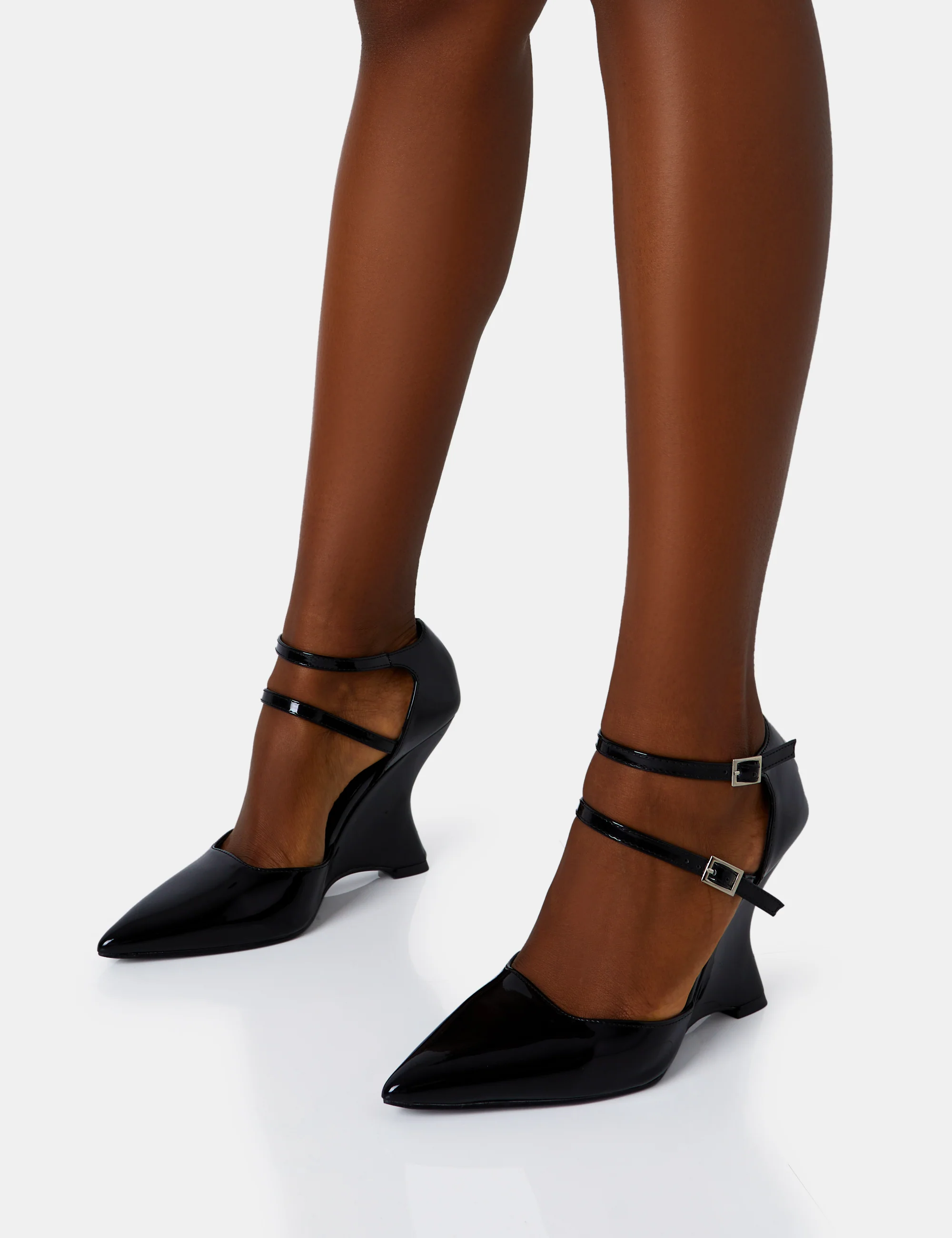 Aspiration Black Patent Strappy Pointed Platform Cut Out Wedge Heels - Image 4