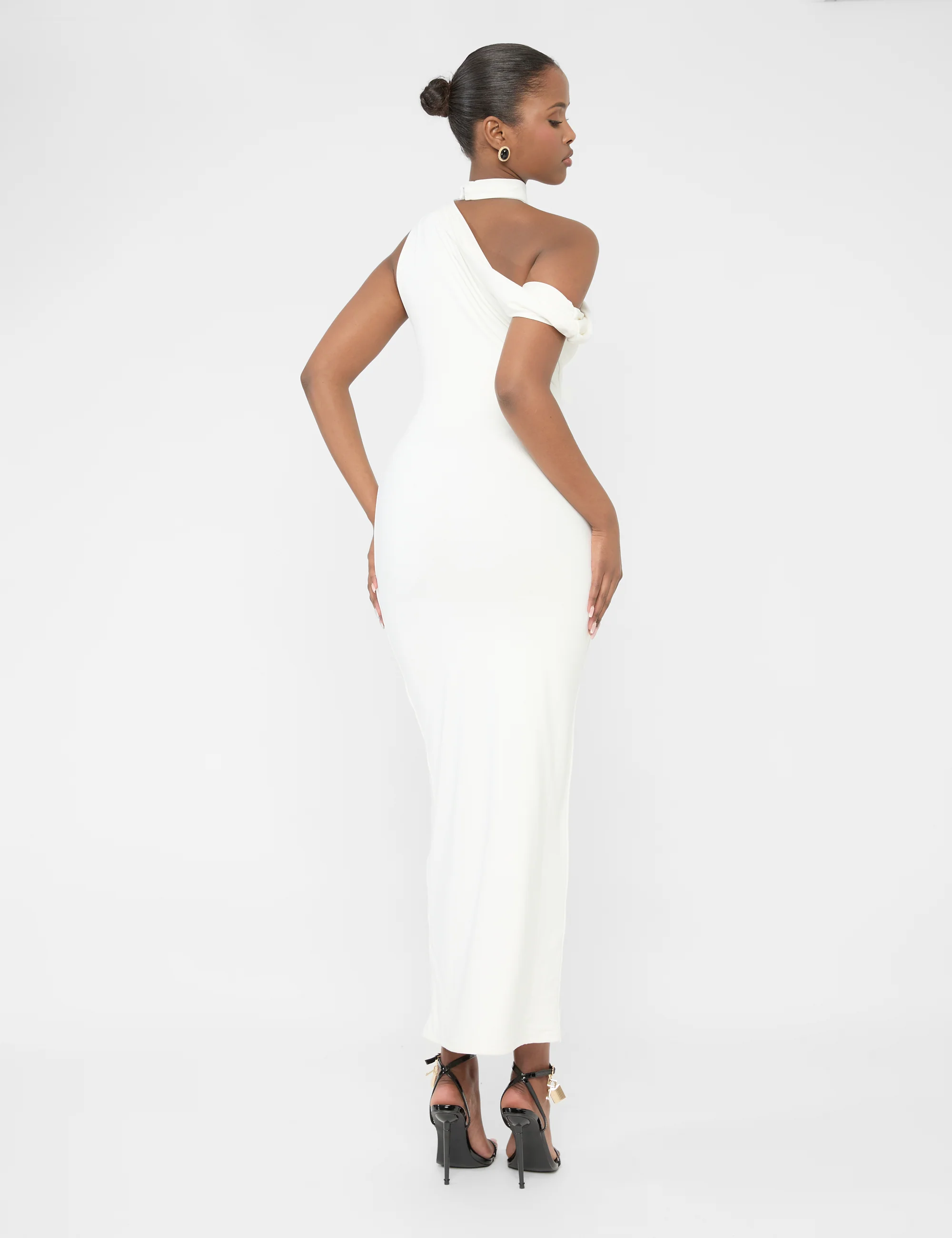 Asymmetric One Shoulder Choker Detail Luxe Slinky Midi Dress White - Image 6