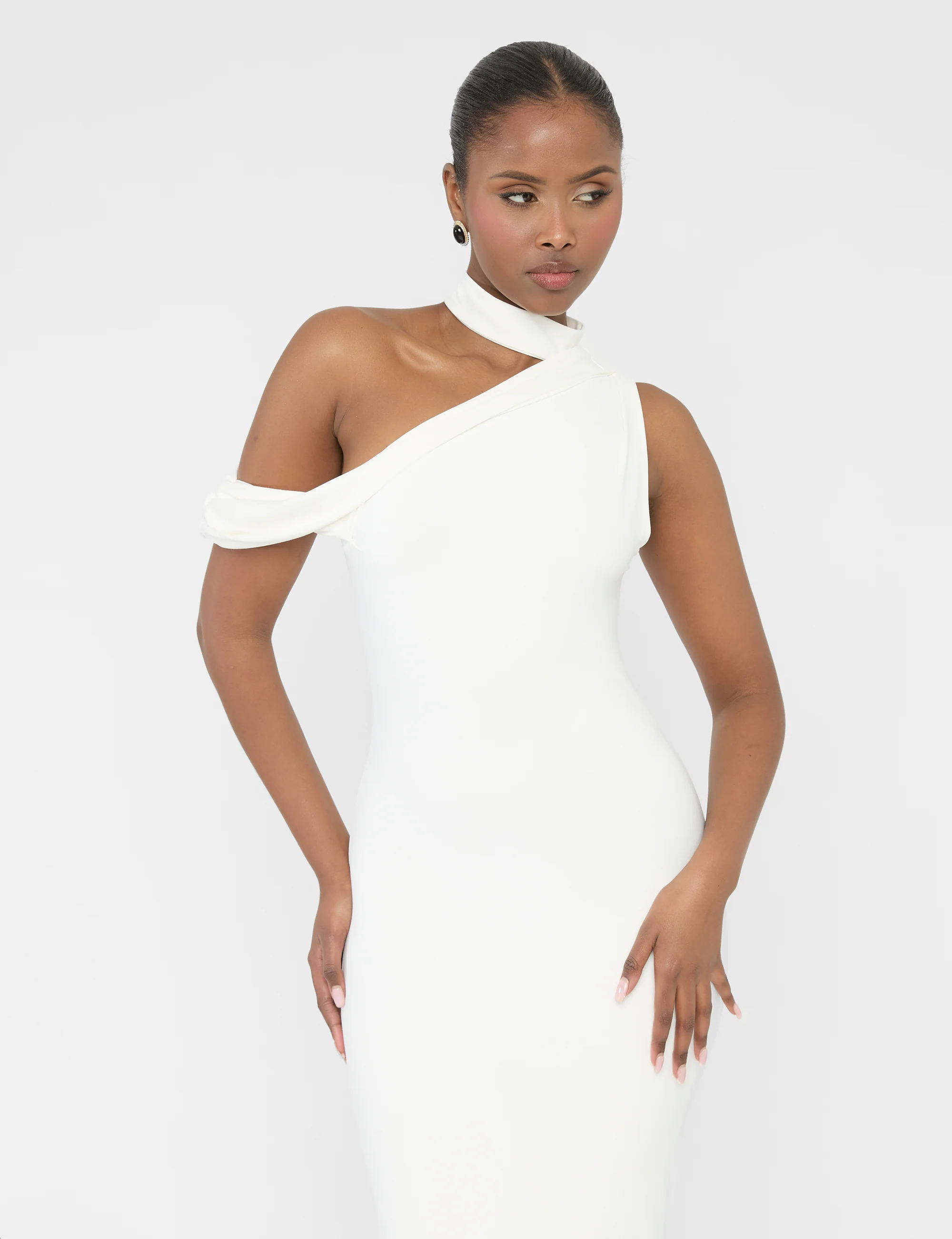 Asymmetric One Shoulder Choker Detail Luxe Slinky Midi Dress White - Image 7