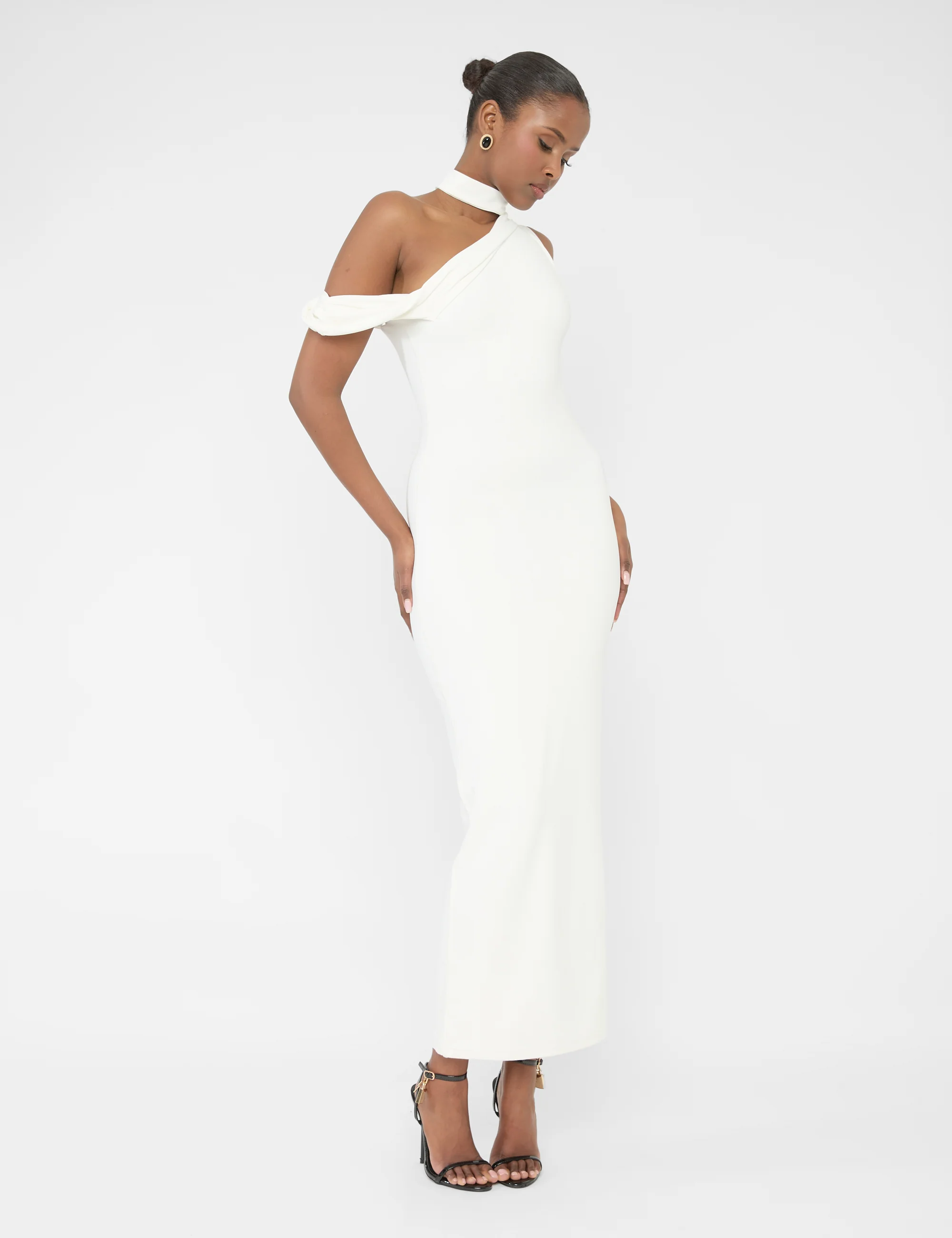 Asymmetric One Shoulder Choker Detail Luxe Slinky Midi Dress White - Image 8