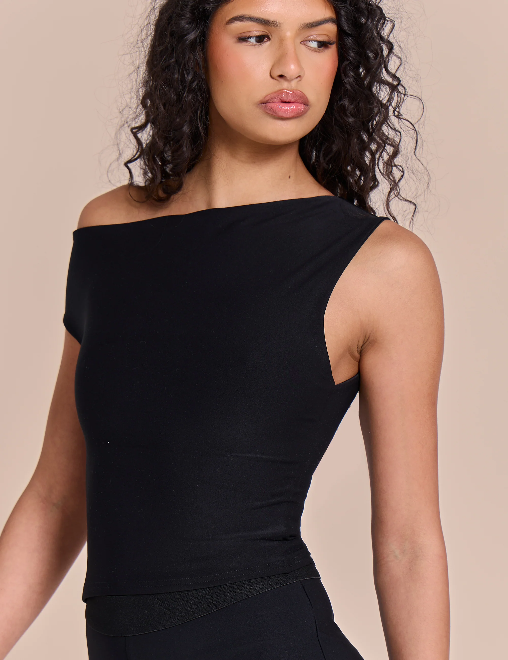 Asymmetric One Shoulder Luxe Slinky Top Black - Image 2