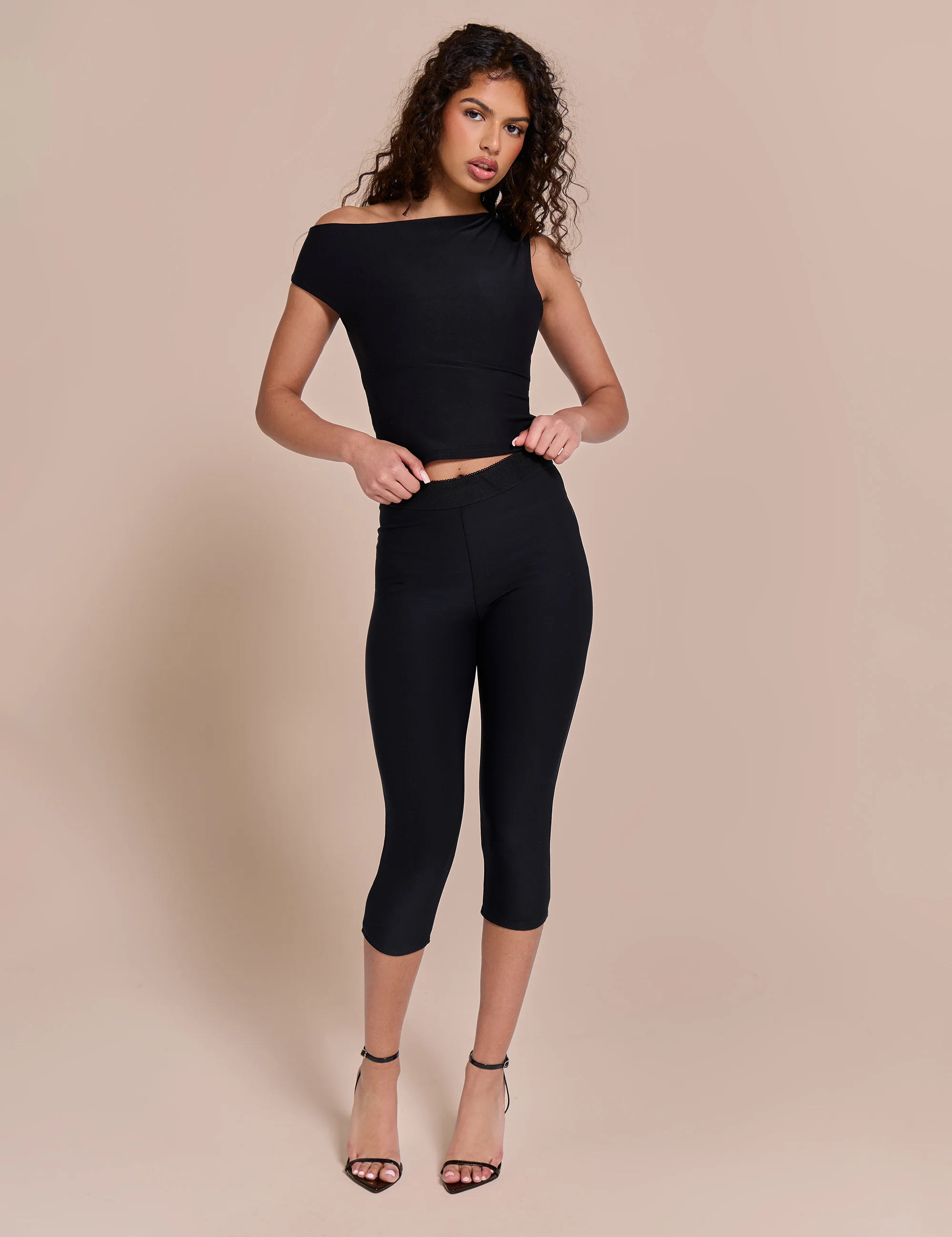 Asymmetric One Shoulder Luxe Slinky Top Black - Image 3